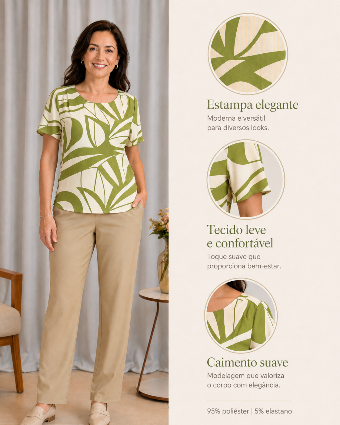 Blusa Resistente com Pregas Delicadas Savana Verde