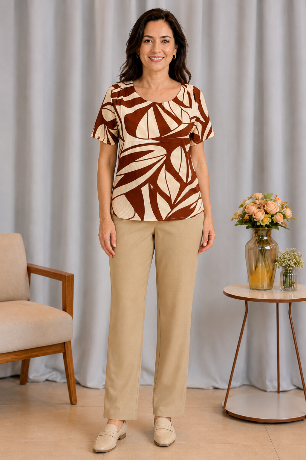 Blusa Resistente com Pregas Delicadas Savana Marrom
