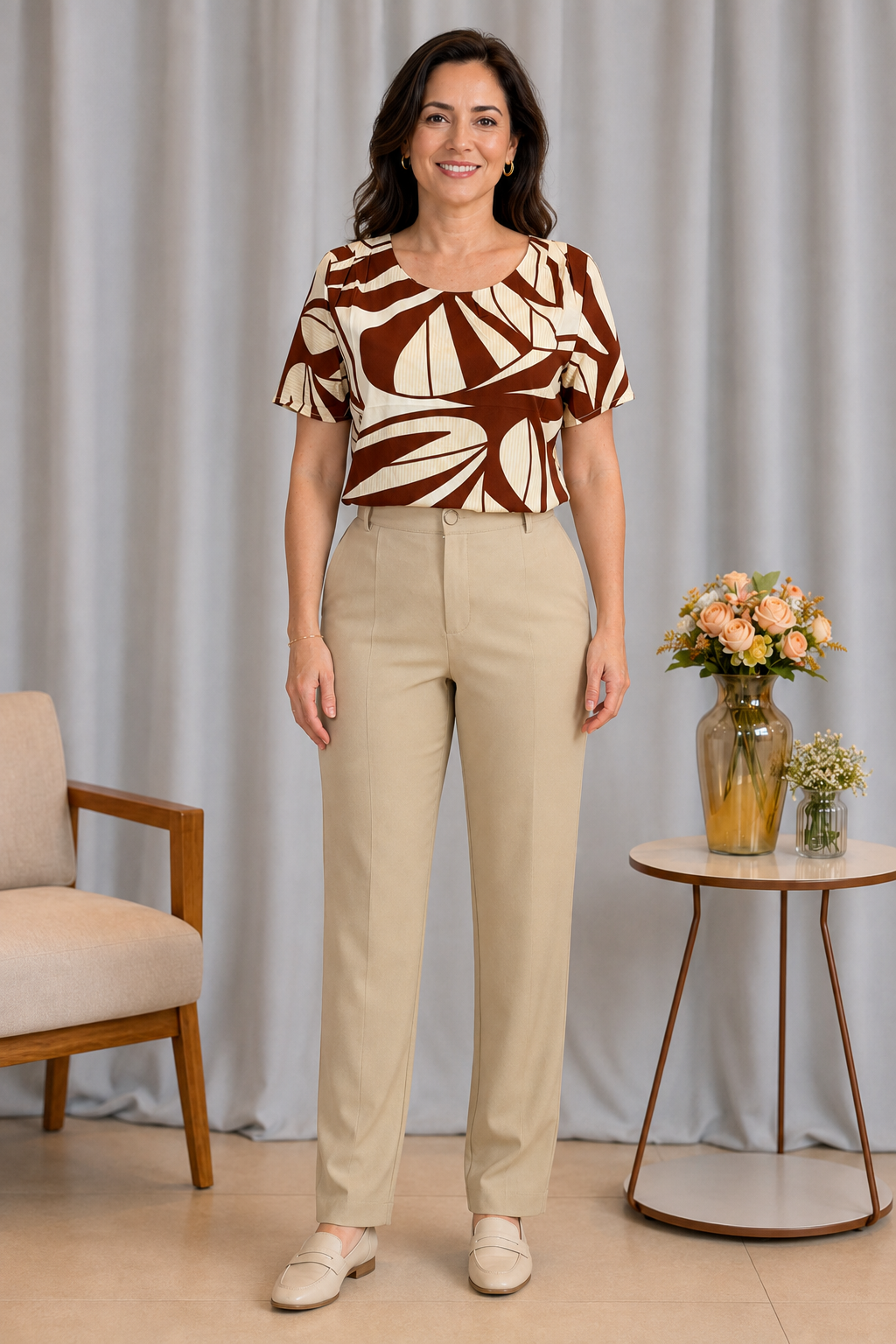 Blusa Resistente com Pregas Delicadas Savana Marrom