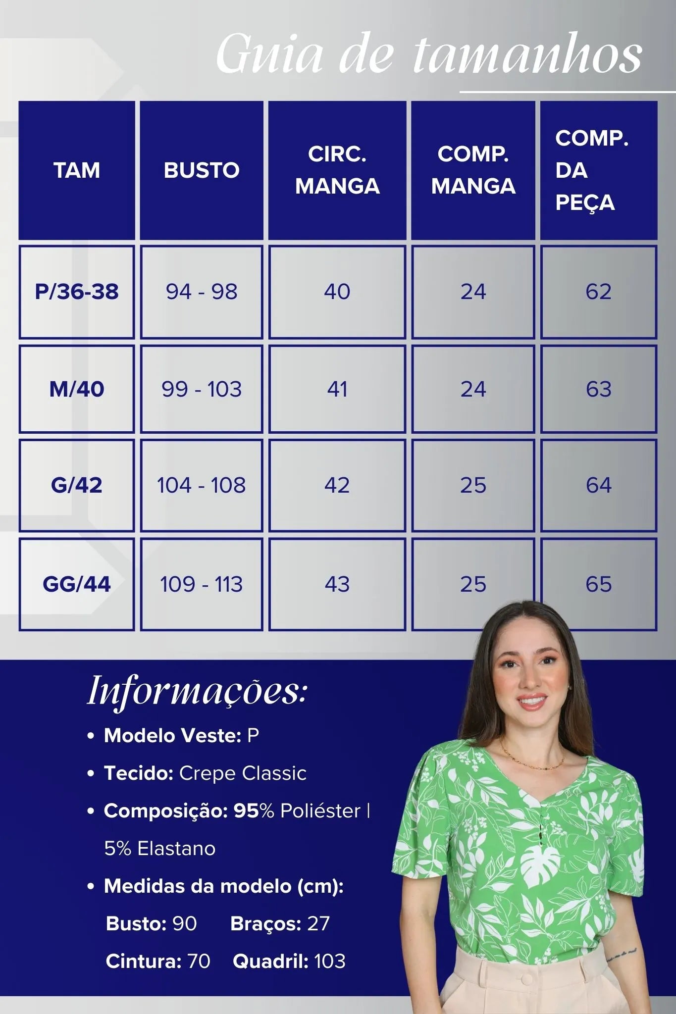 Blusa Manga Curta Decote em "V" Crepe Classic Cibele Estampada Verde