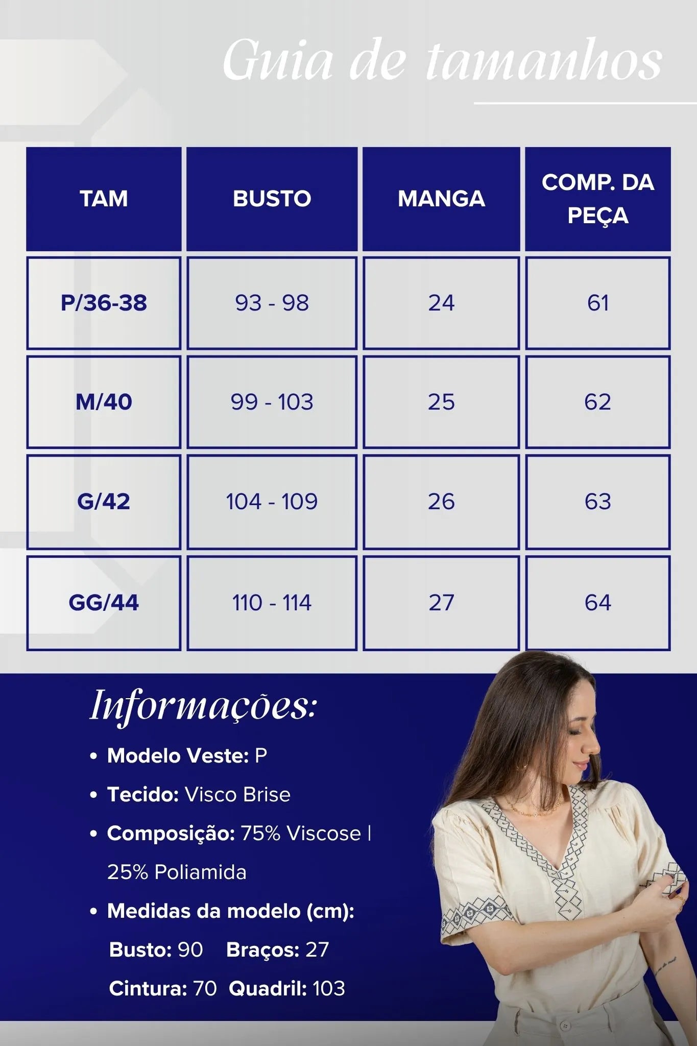 Blusa Manga Curta Detalhe Decote "V" Bordada Visco Brise Clarice Bege