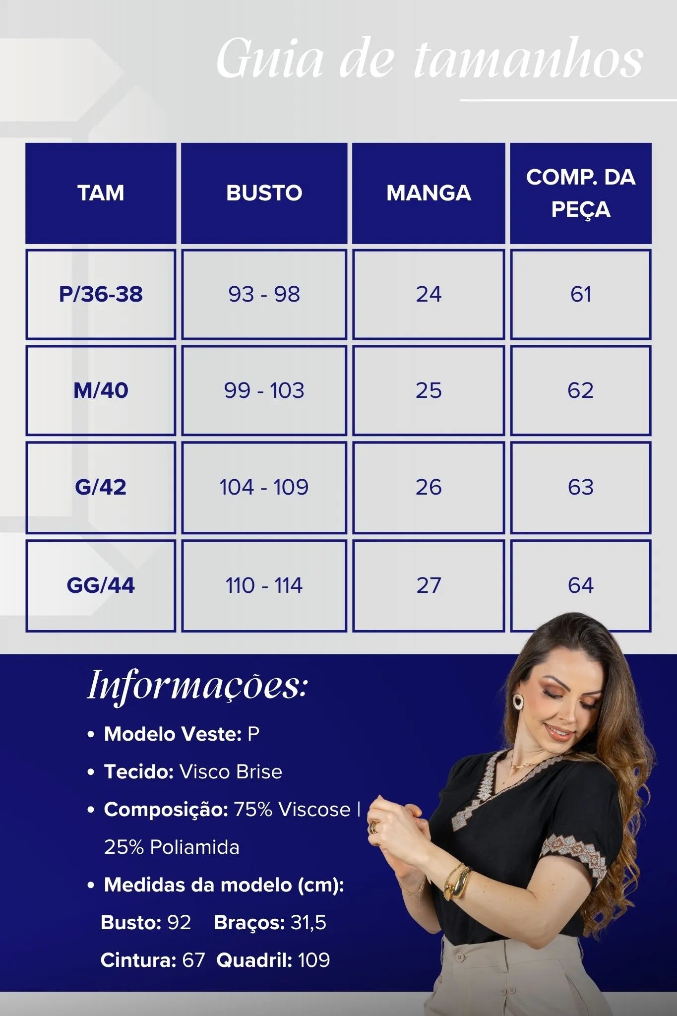 Blusa Manga Curta Detalhe Decote "V" Bordada Visco Brise Clarice Preta