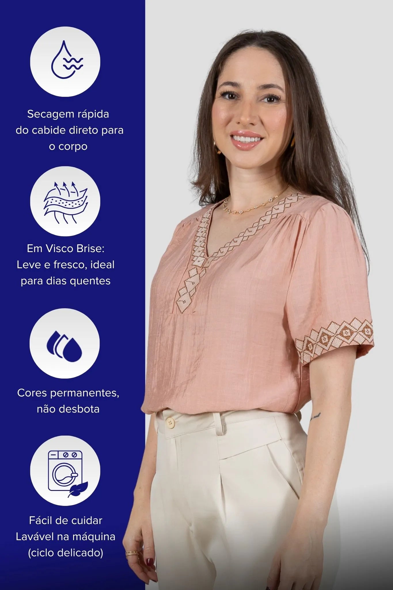 Blusa Manga Curta Detalhe Decote "V" Bordada Visco Brise Clarice Rosa