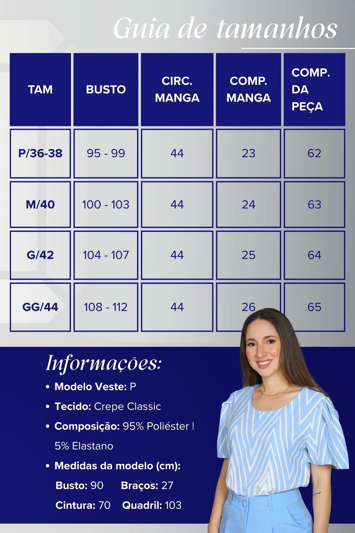 Blusa Manga Curta Crepe Classic Estampa Chevron Claudia Azul