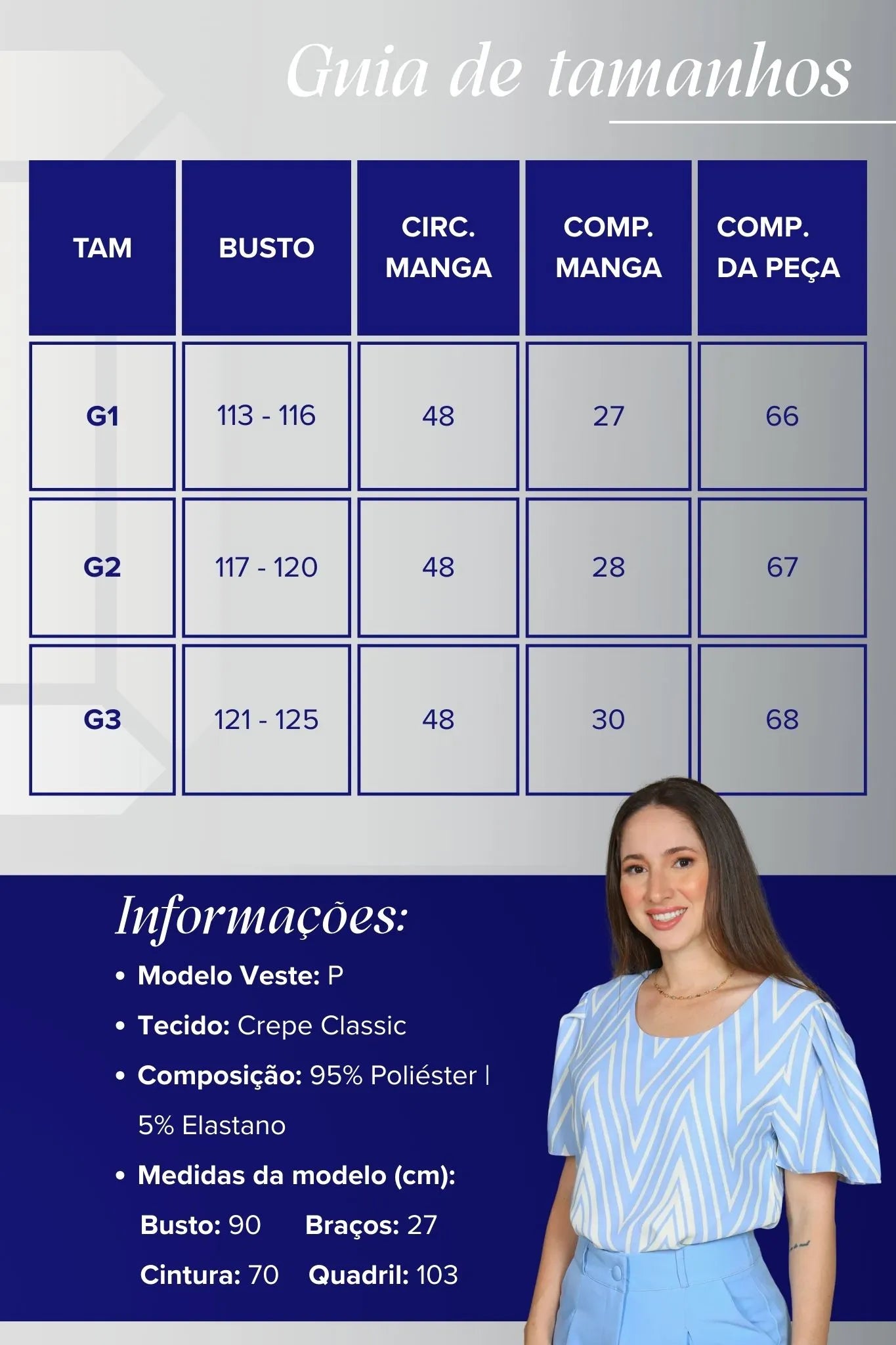 Blusa Manga Curta Crepe Classic Estampa Chevron Claudia Azul