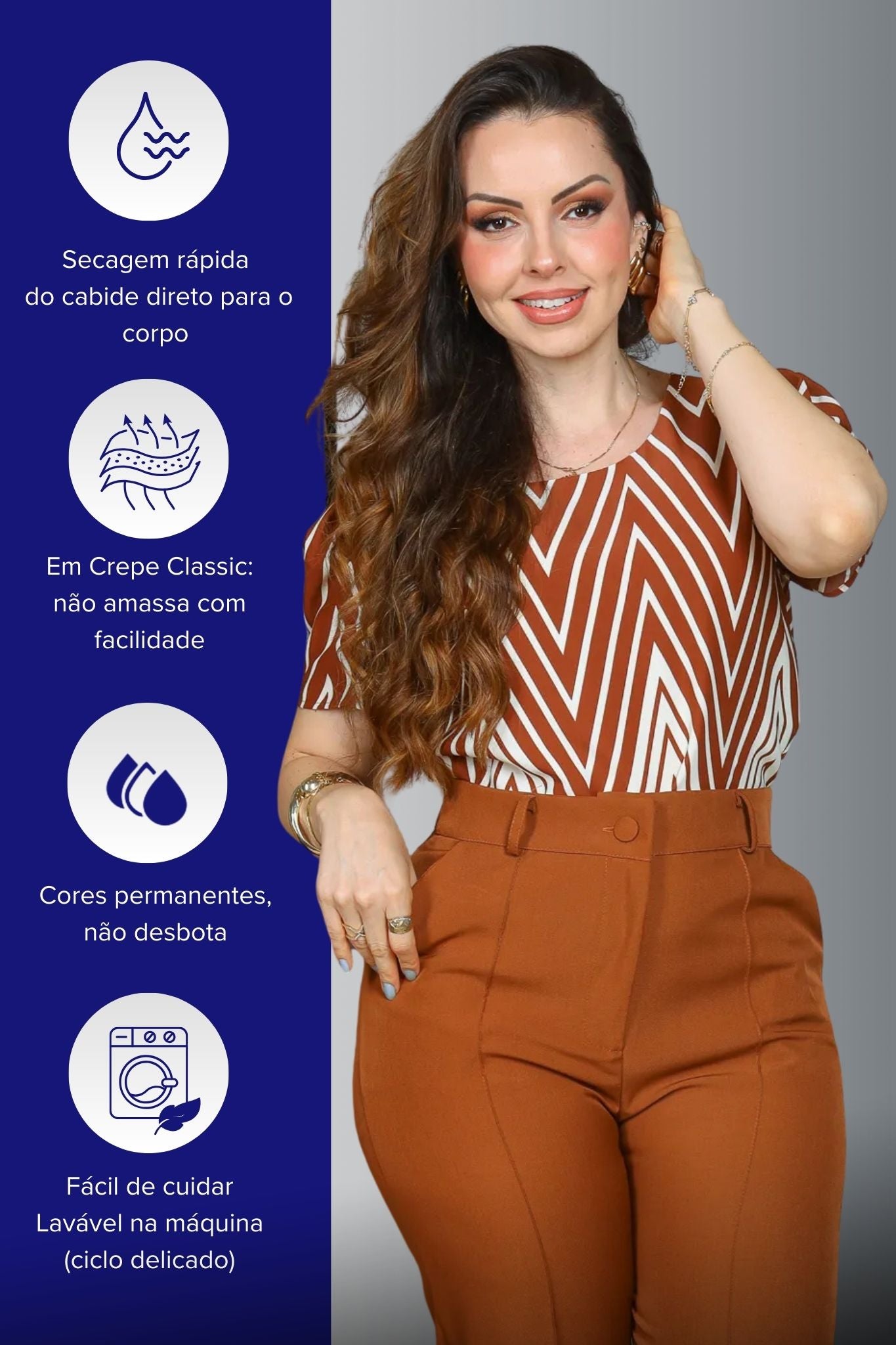 Blusa Manga Curta Crepe Classic Estampa Chevron Claudia Marrom