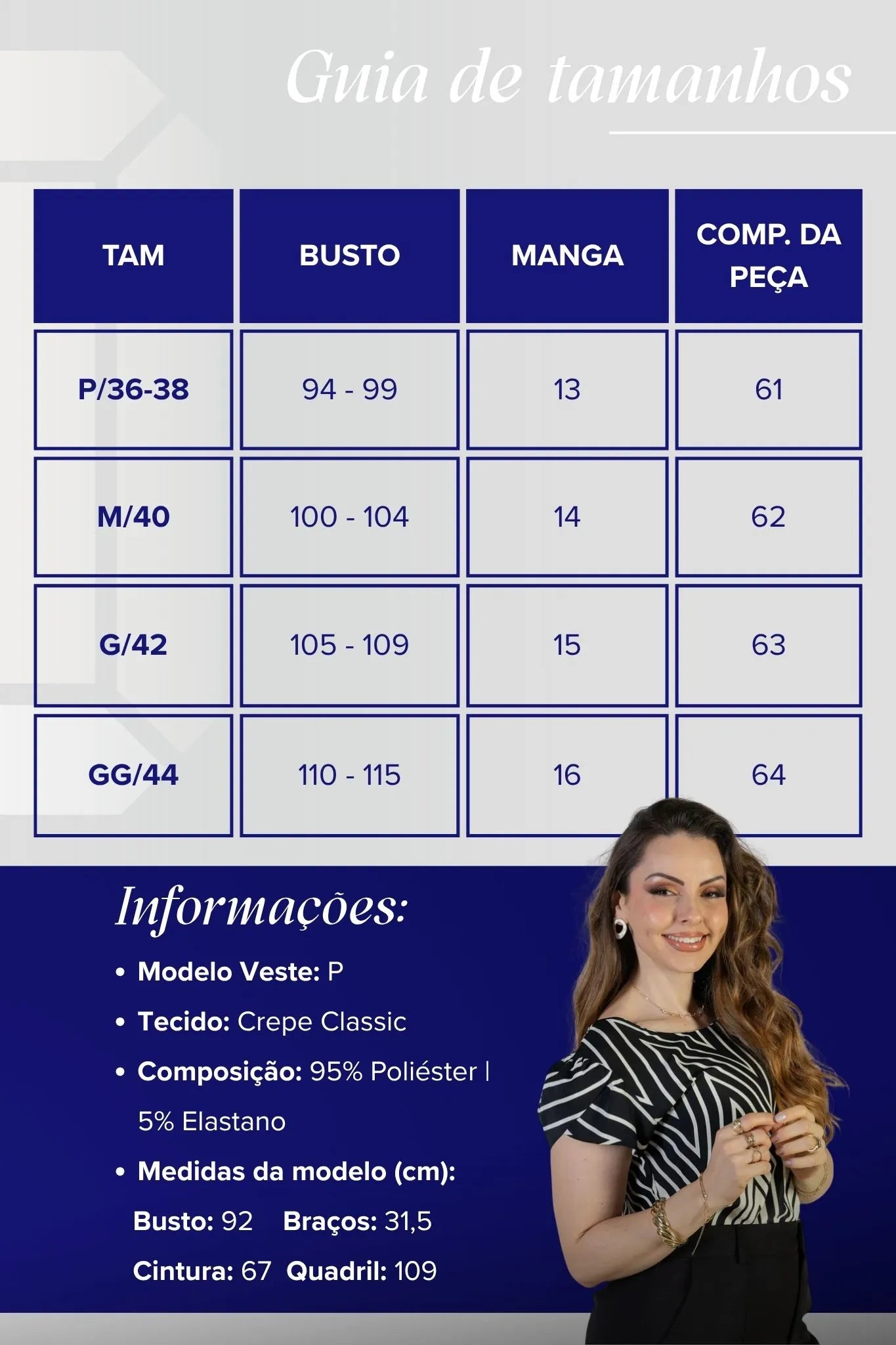 Blusa Manga Curta Transpassada Crepe Classic Cristina Estampa Chevron Preta