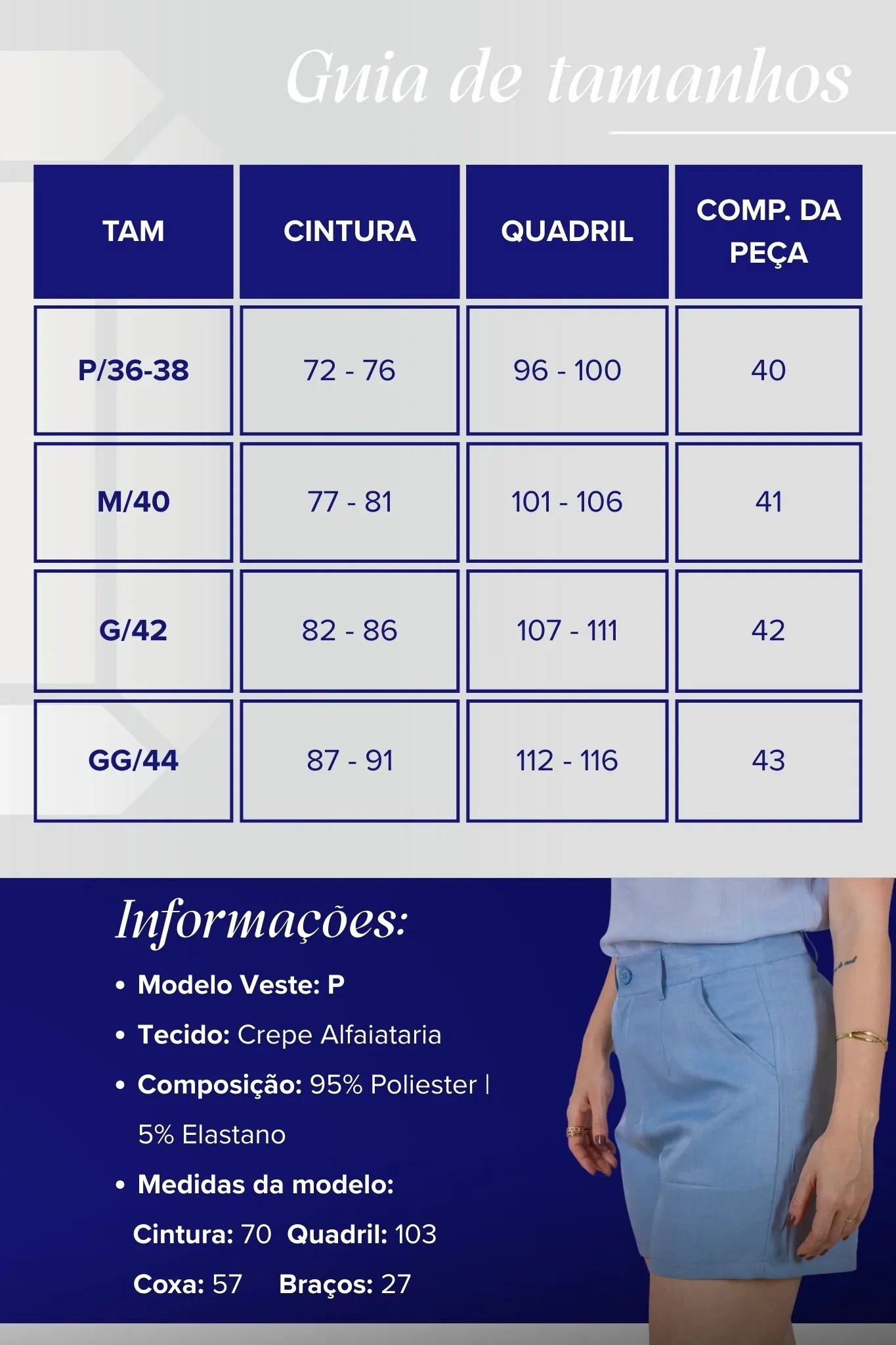 Bermuda Detalhes Botões Crepe Alfaiataria Débora Azul
