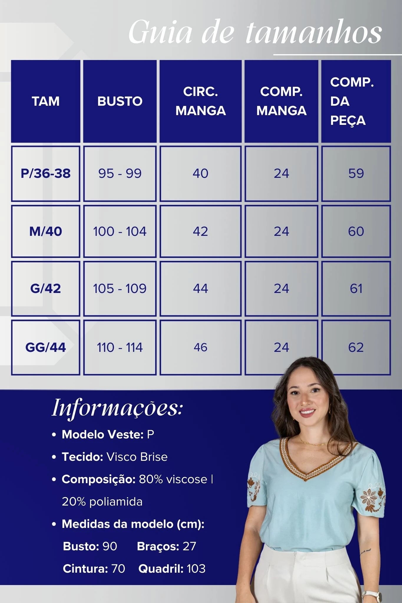 Blusa Manga Curta em Visco Brise Decote em "V" com Bordados Florais Deise Azul