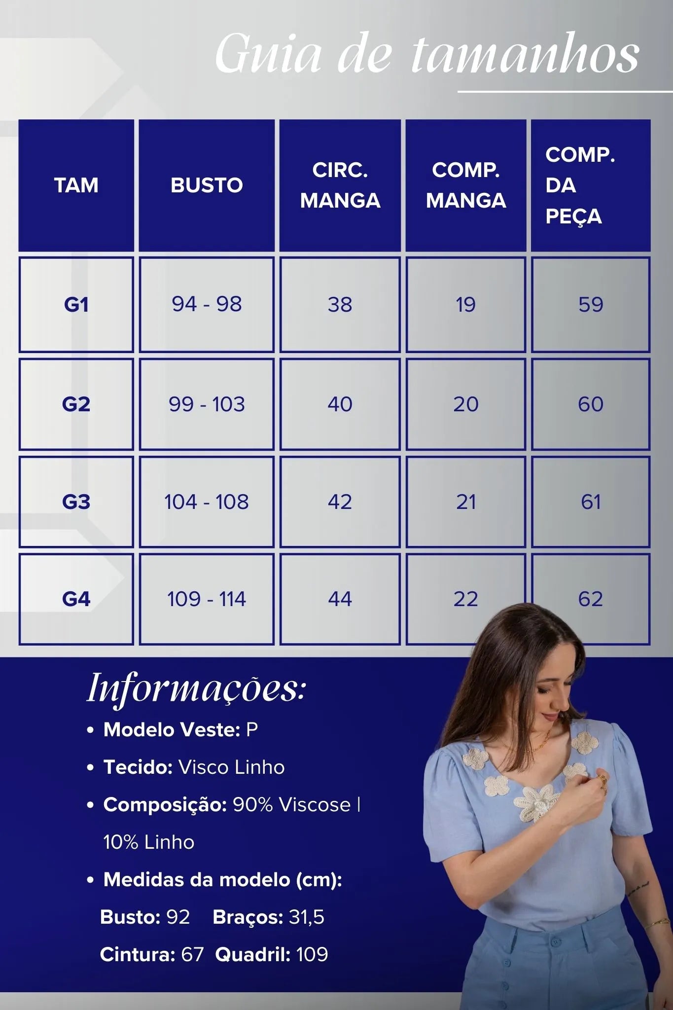 Blusa Manga Curta Colo Bordado Flores Visco Linho Elaine Azul