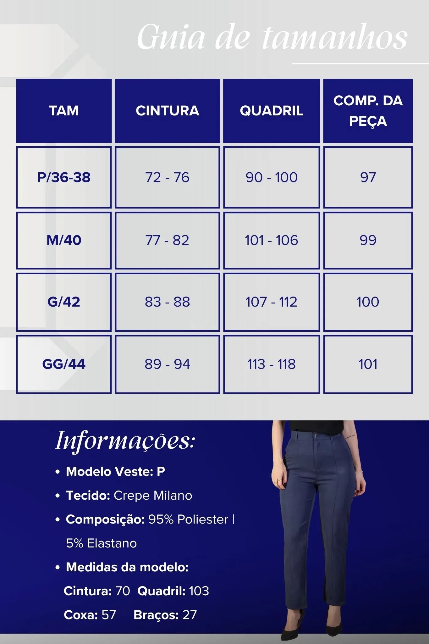 Calça Corte Reto Detalhe Friso Crepe Milano Eliana Bezerra Azul Marinho