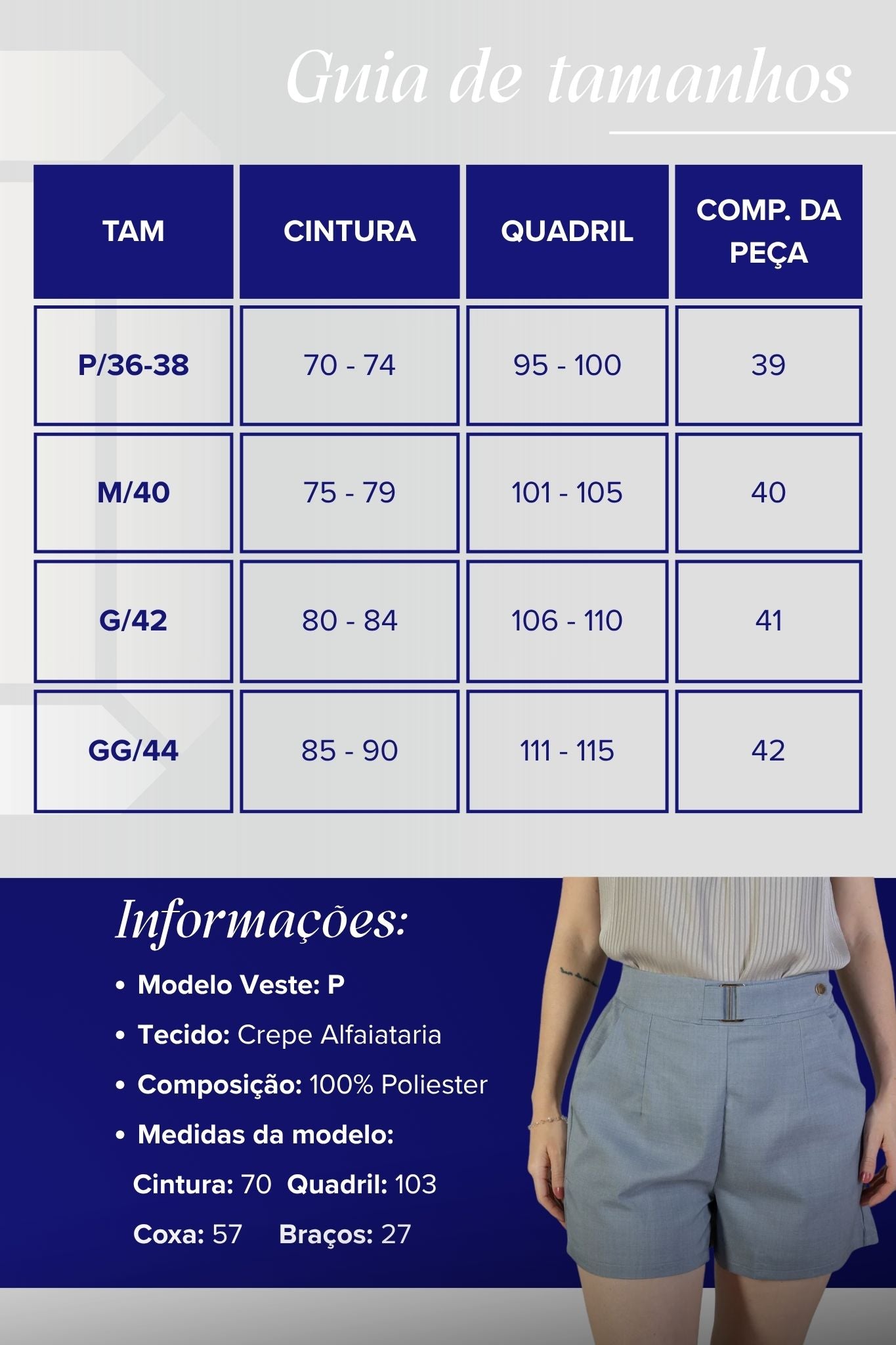 Shorts Detalhe Fivela Metálica Alfaiataria Lux Eliane Azul