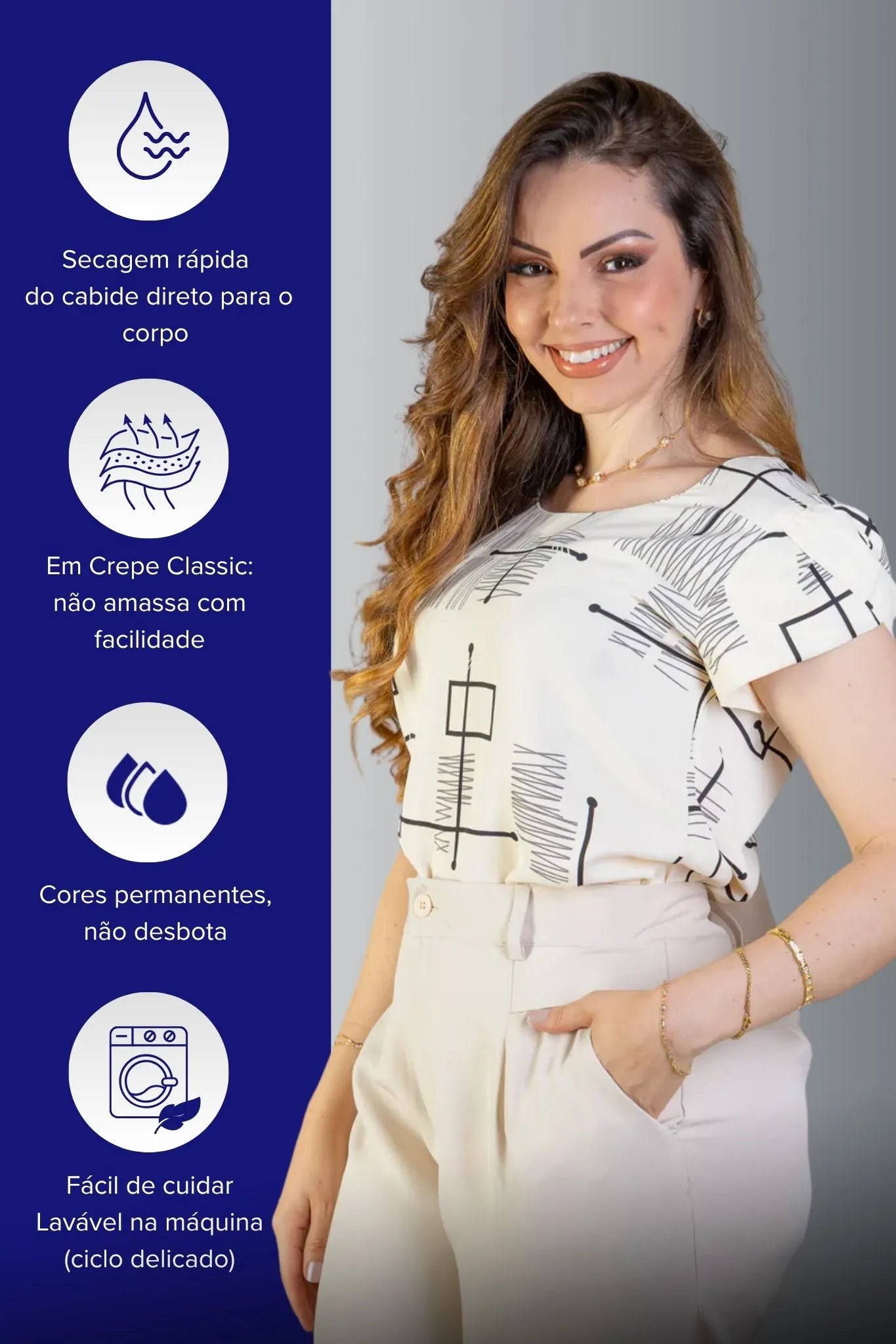 Blusa Manga Transpassada Crepe Classic Elis Regina Estampada Creme