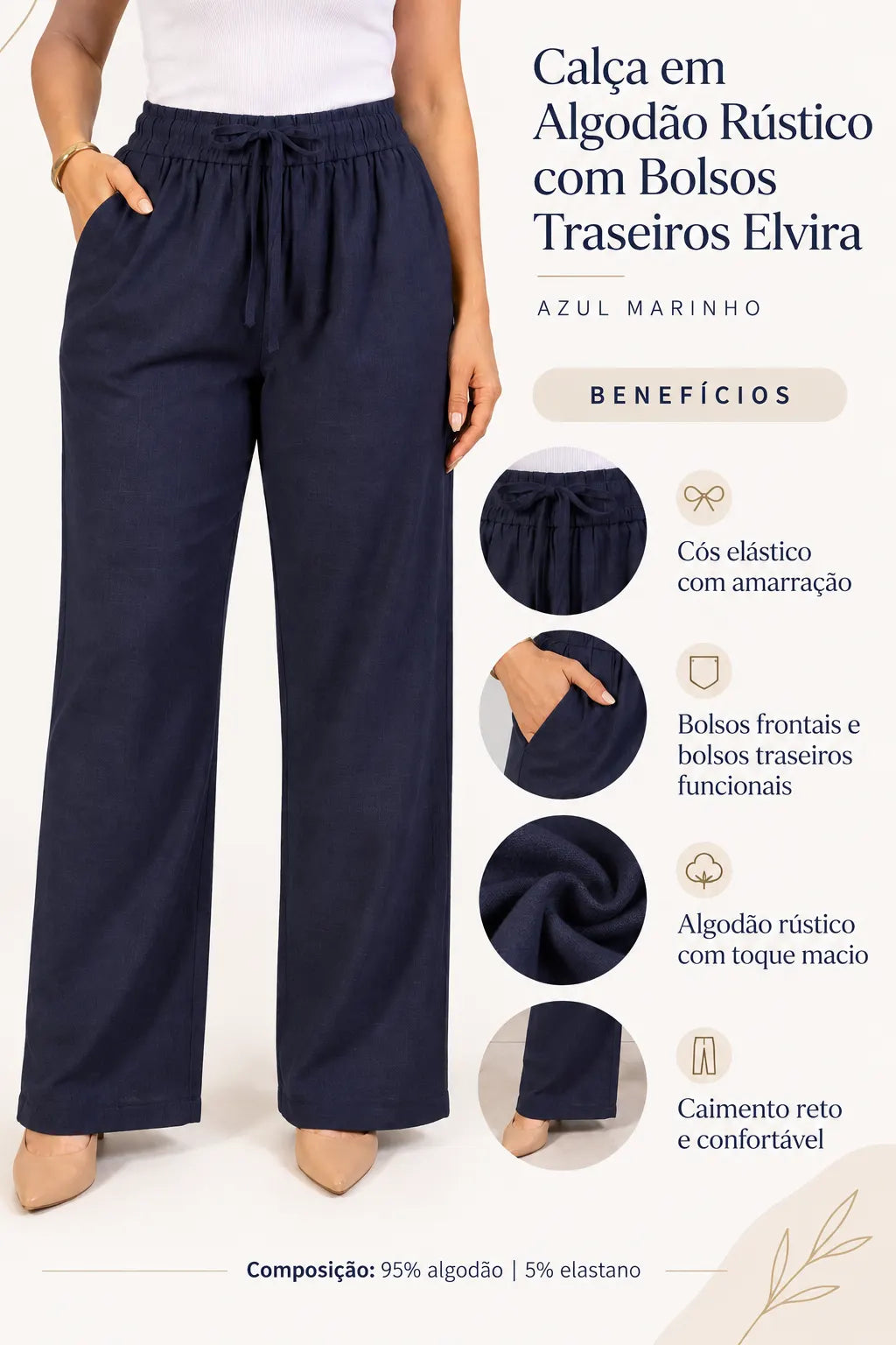 Calça em Algodão Rústico com Bolsos Traseiros Elvira Azul Marinho