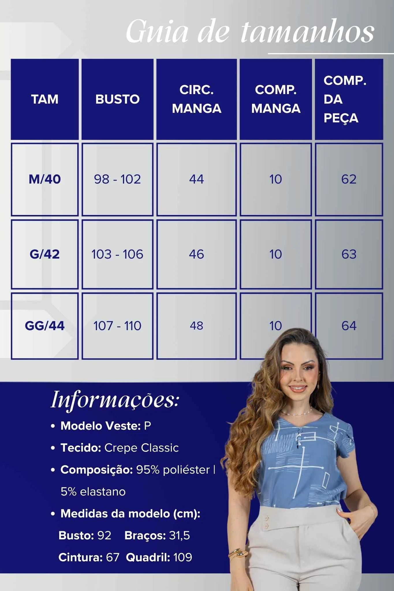Blusa Manga Curta em Crepe Classic Decote em "V" Estampa Geométrica Emily Azul