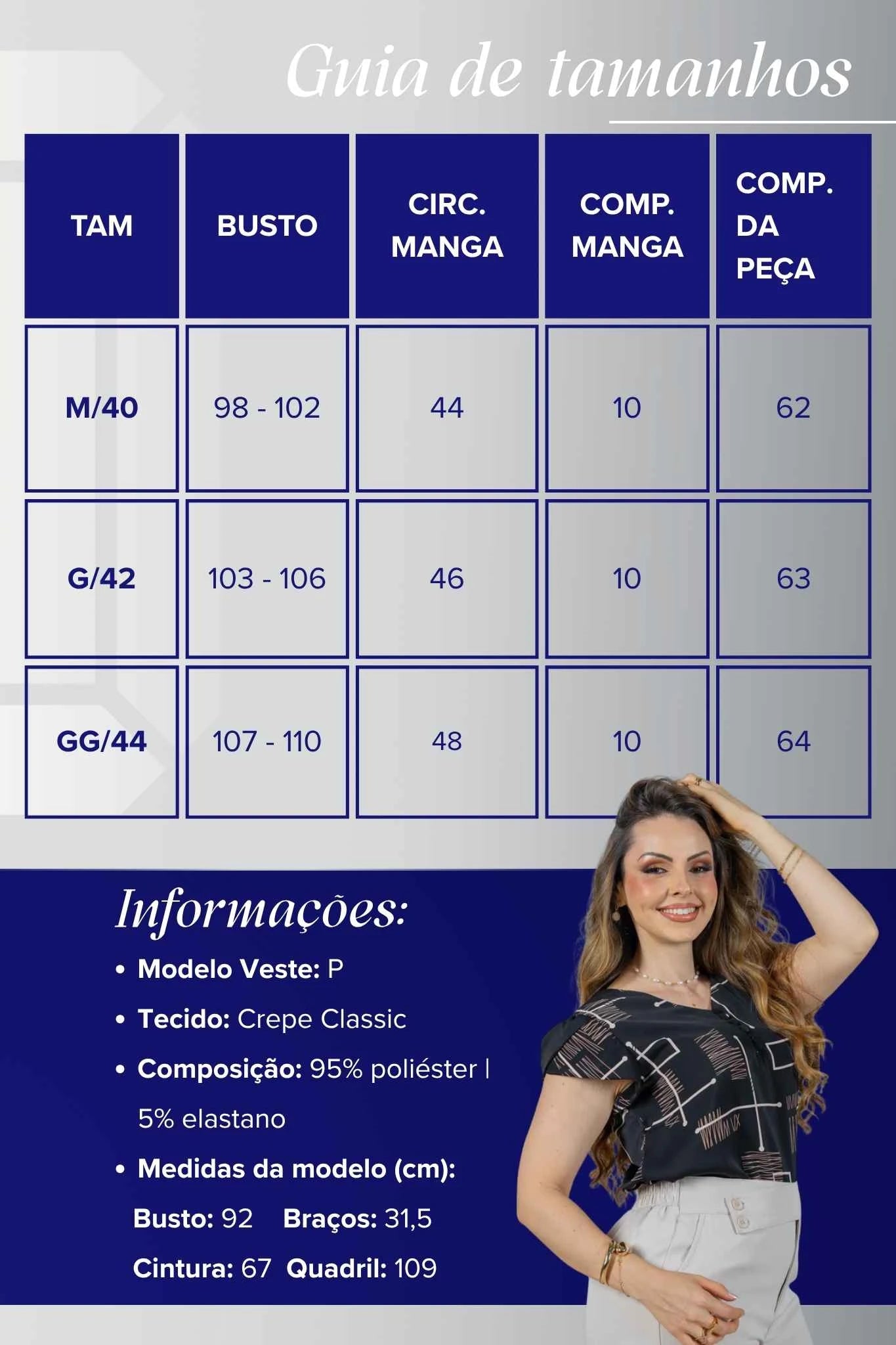 Blusa Manga Curta em Crepe Classic Decote em "V" Estampa Geométrica Emily Preta