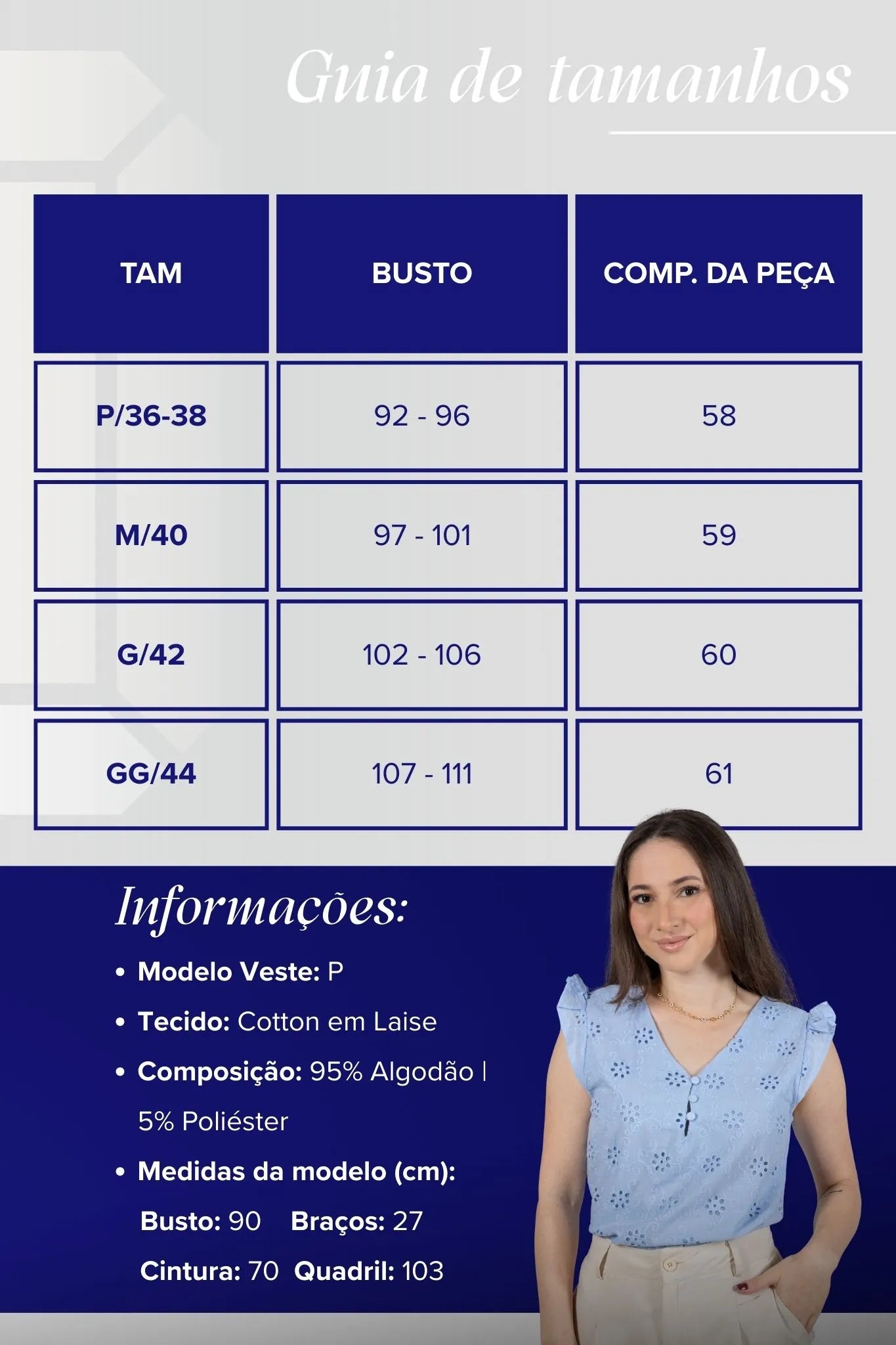 Regata Babados Detalhe Botão Em Cotton Laise Estela Azul