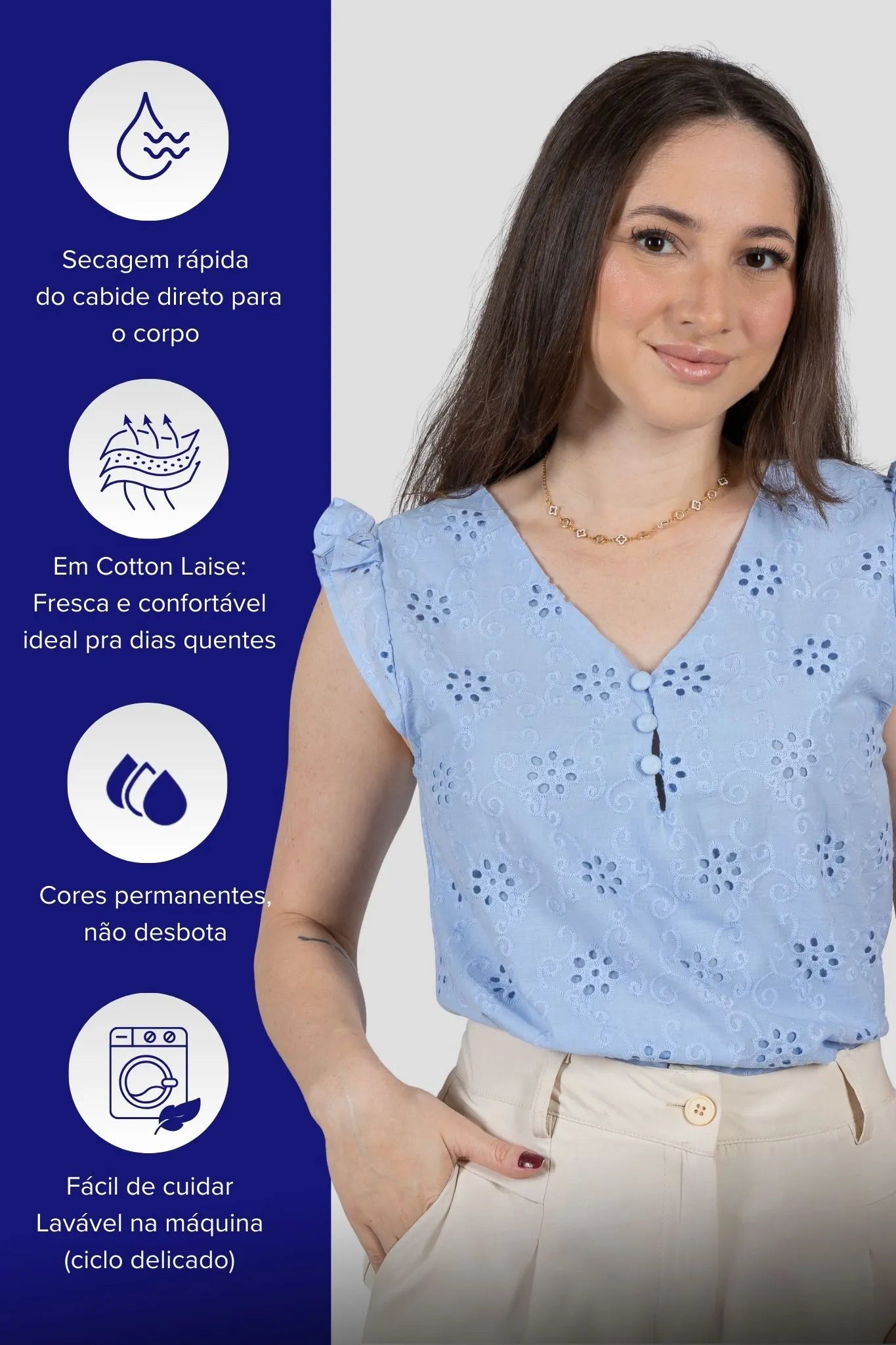 Regata Babados Detalhe Botão Em Cotton Laise Estela Azul