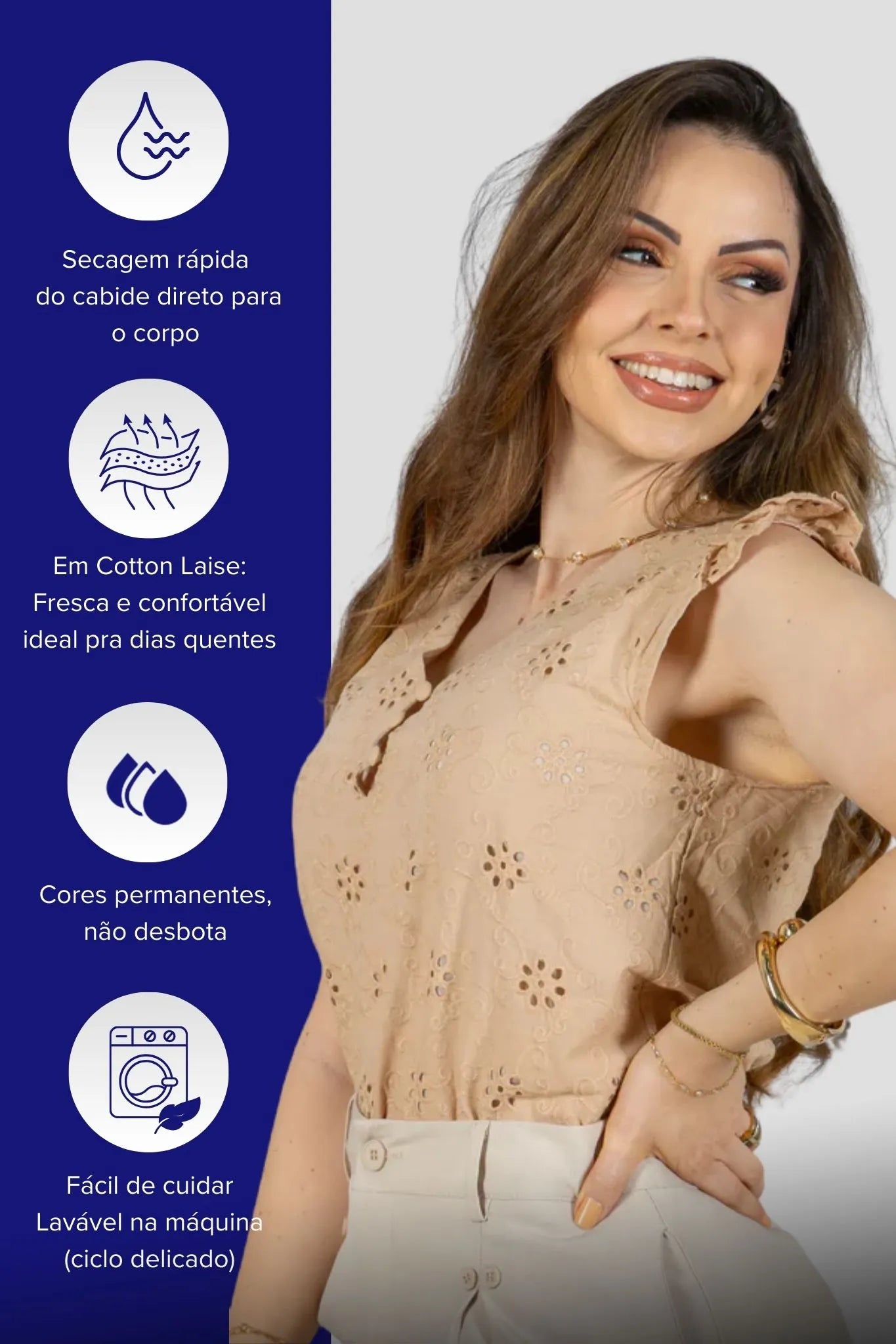 Regata Babados Detalhe Botão Em Cotton Laise Estela Marrom