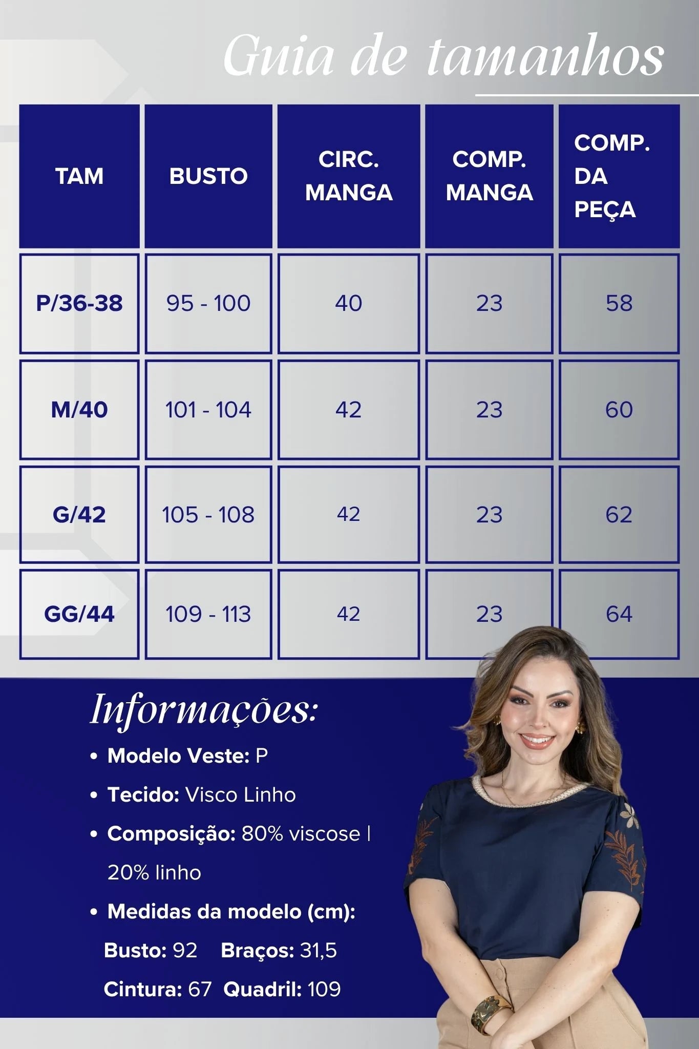 Blusa Manga Curta em Visco-Linho com Detalhes Bordados Flora Azul Marinho
