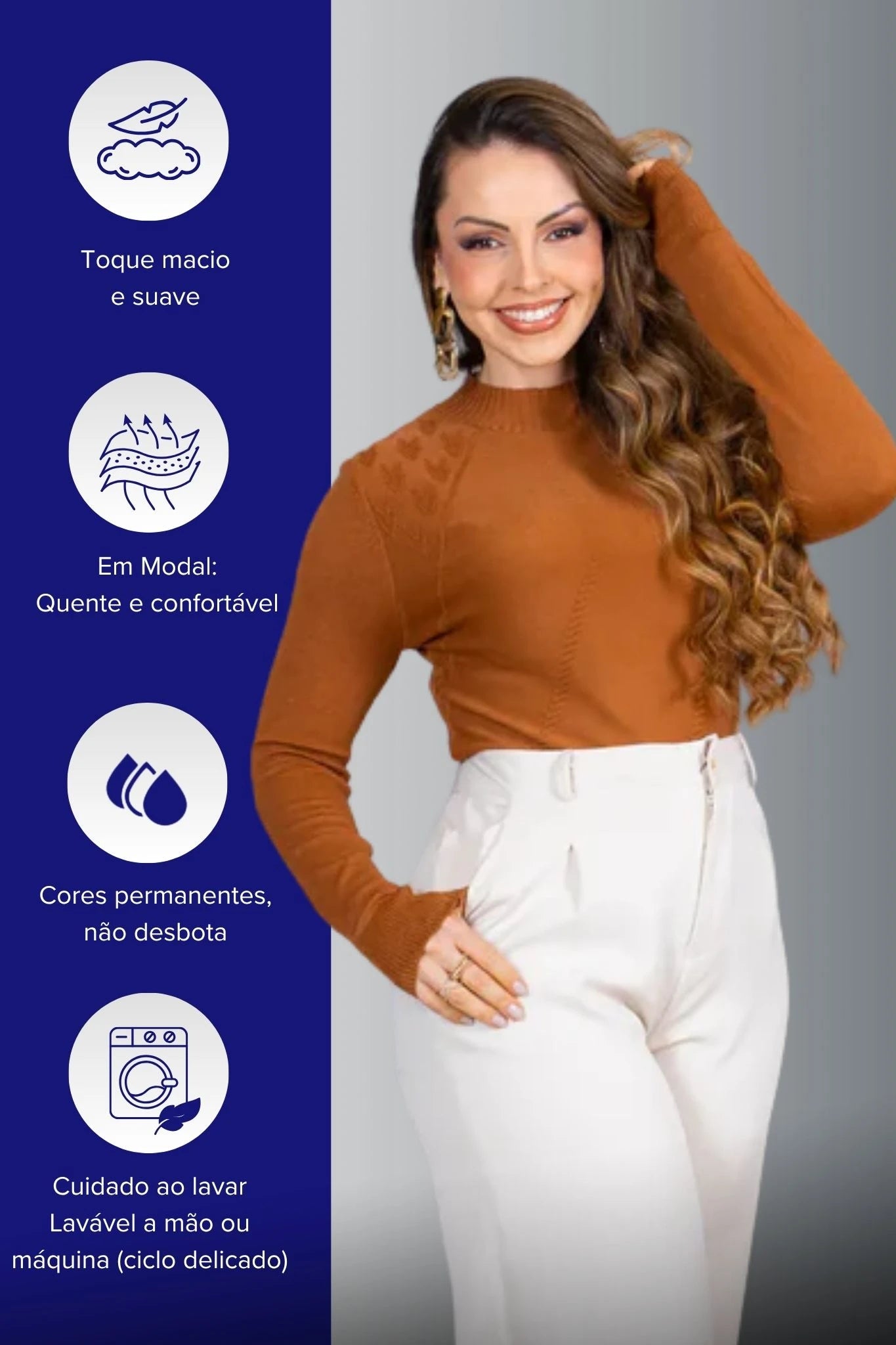 Tricot Manga Longa Meia Gola em Modal Gabriela Caramelo
