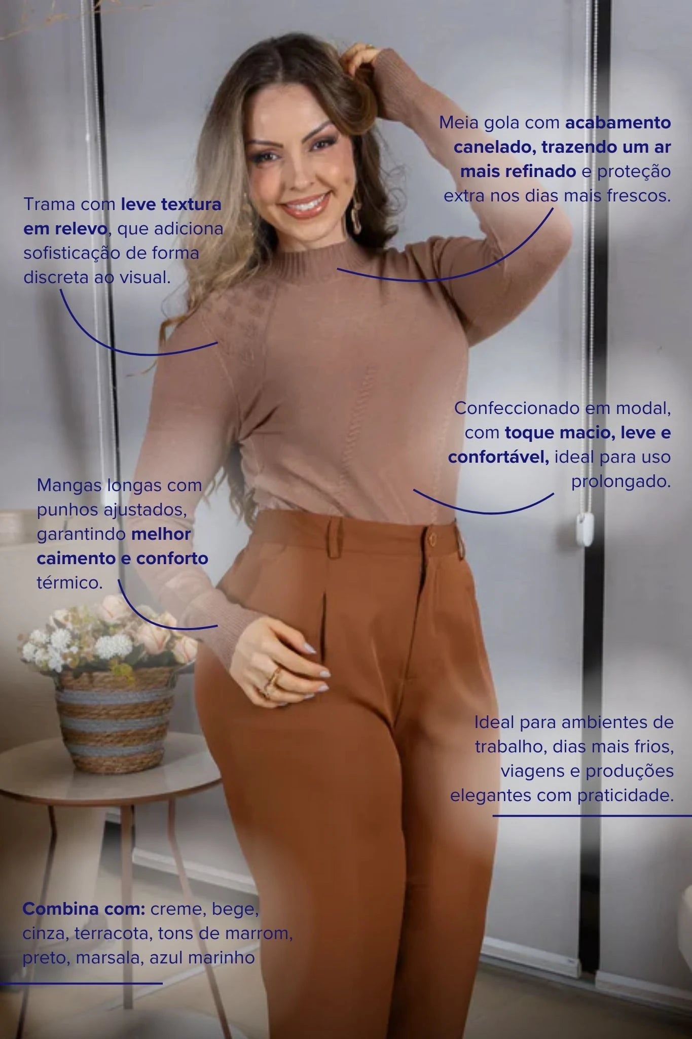 Tricot Manga Longa Meia Gola em Modal Gabriela Marrom Claro