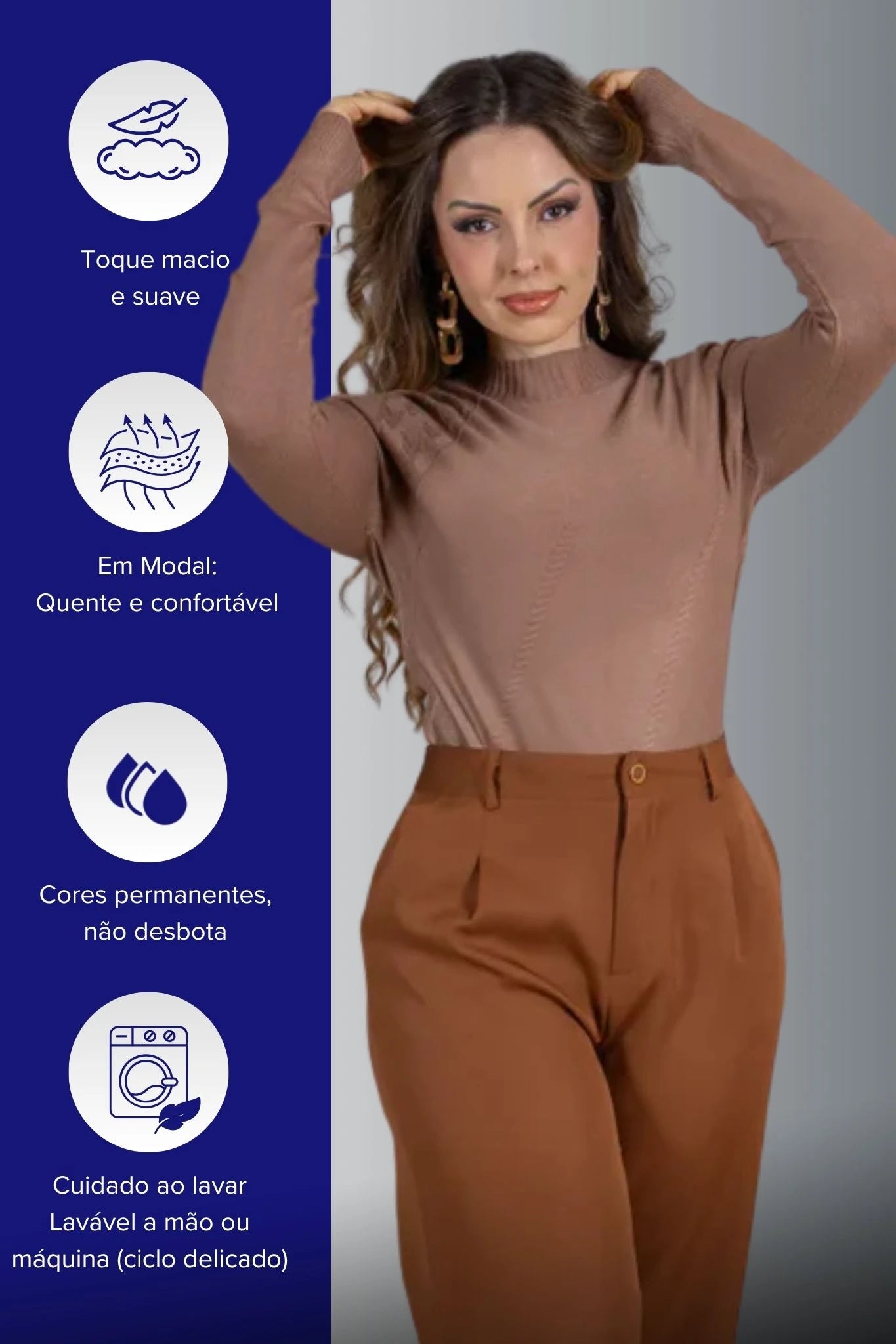 Tricot Manga Longa Meia Gola em Modal Gabriela Marrom Claro