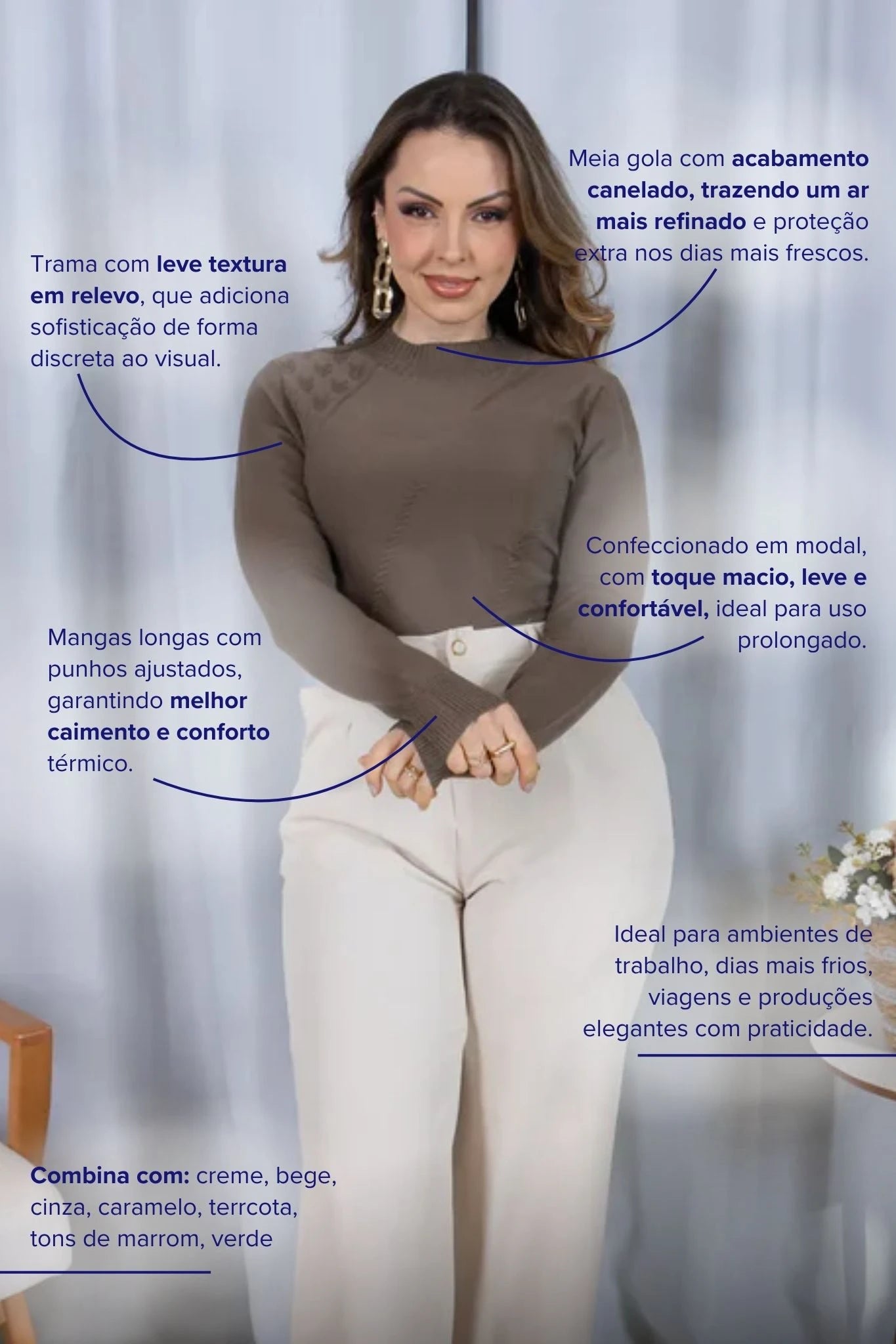 Tricot Manga Longa Meia Gola em Modal Gabriela Marrom Oliva