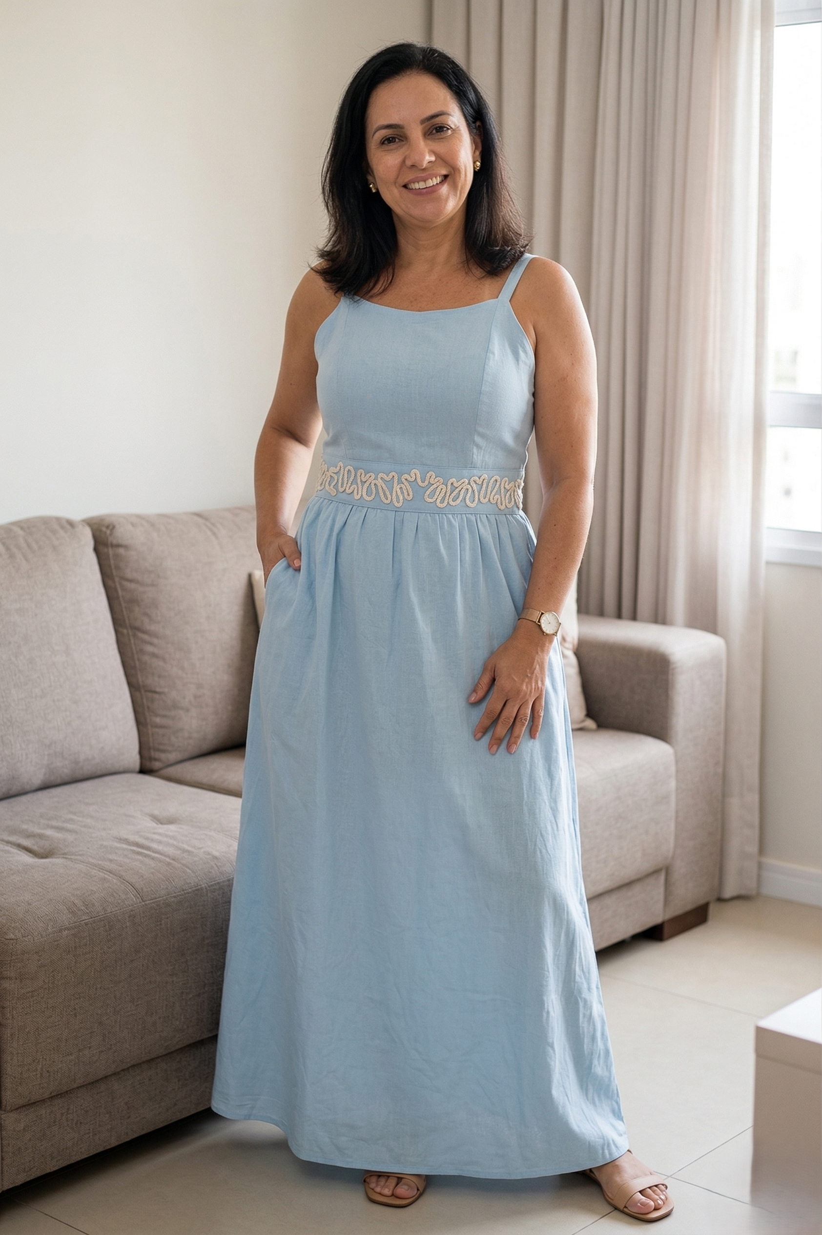 Vestido Midi Alças Detalhe Bordado Crepe Brise Lorena Azul