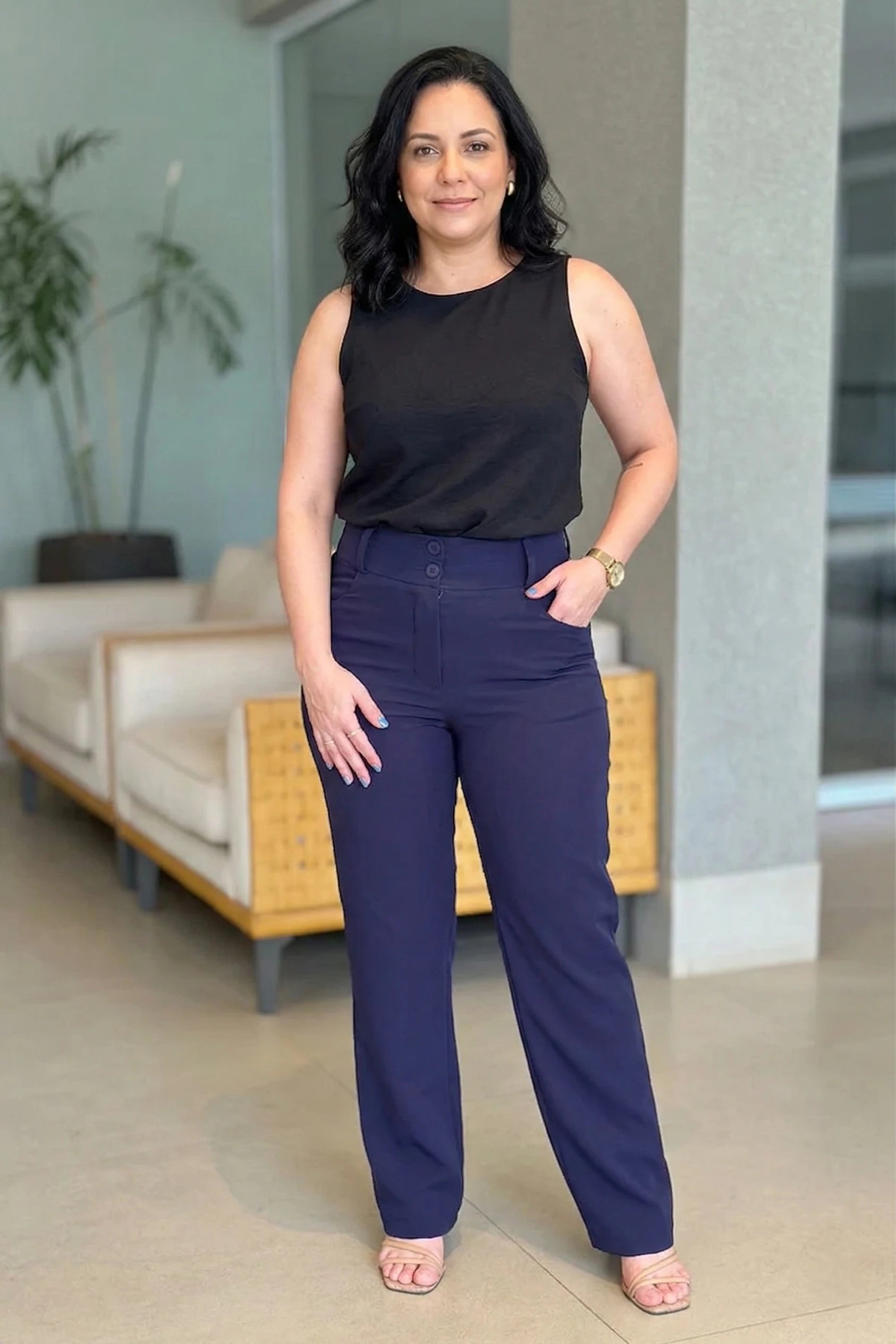 Calça Alfaiataria Corte Reto Ana Julia Azul Marinho