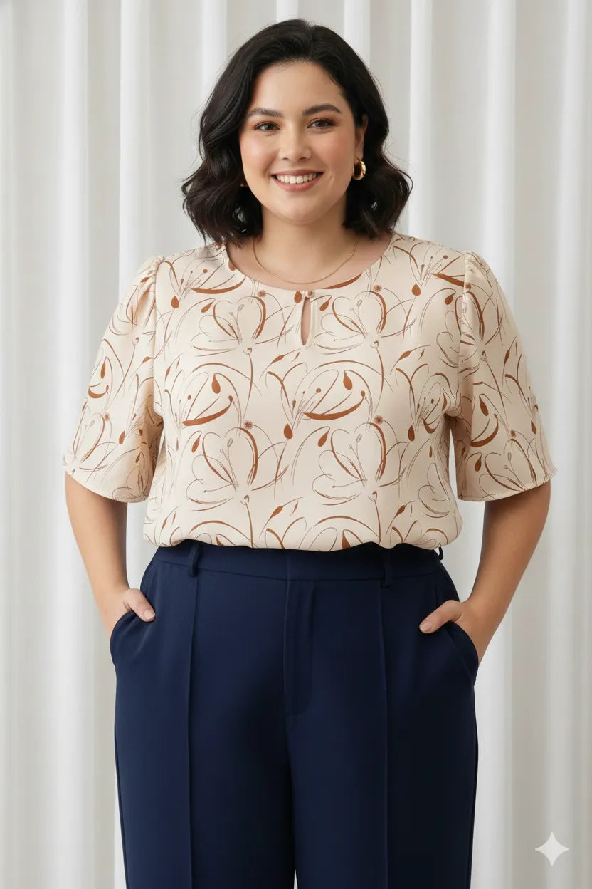 Blusa Manga Curta Transpassada Celina Estampada Marrom