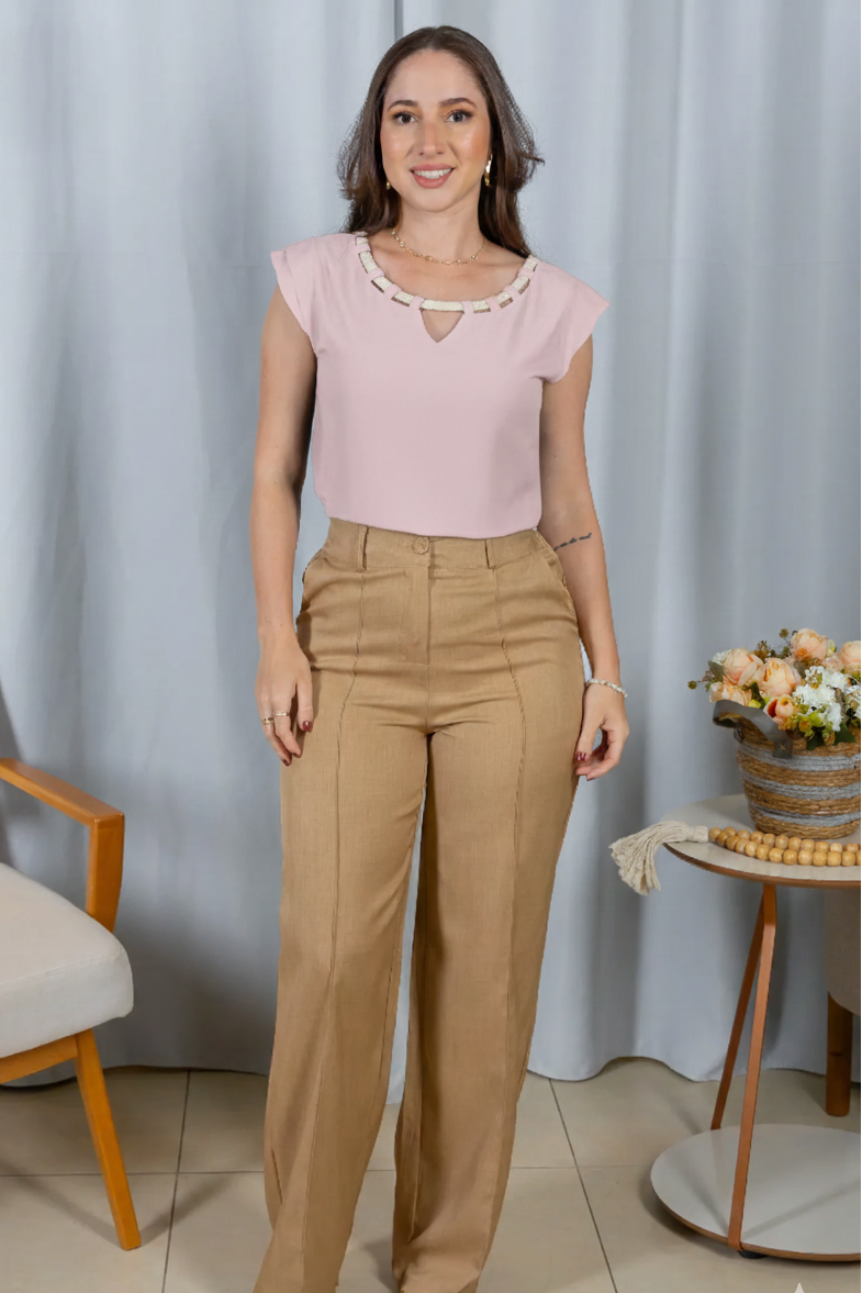 Blusa Manga Curta Decote em "V" Cotton Touch Detalhe Trançado Colo Virgínia Rosa