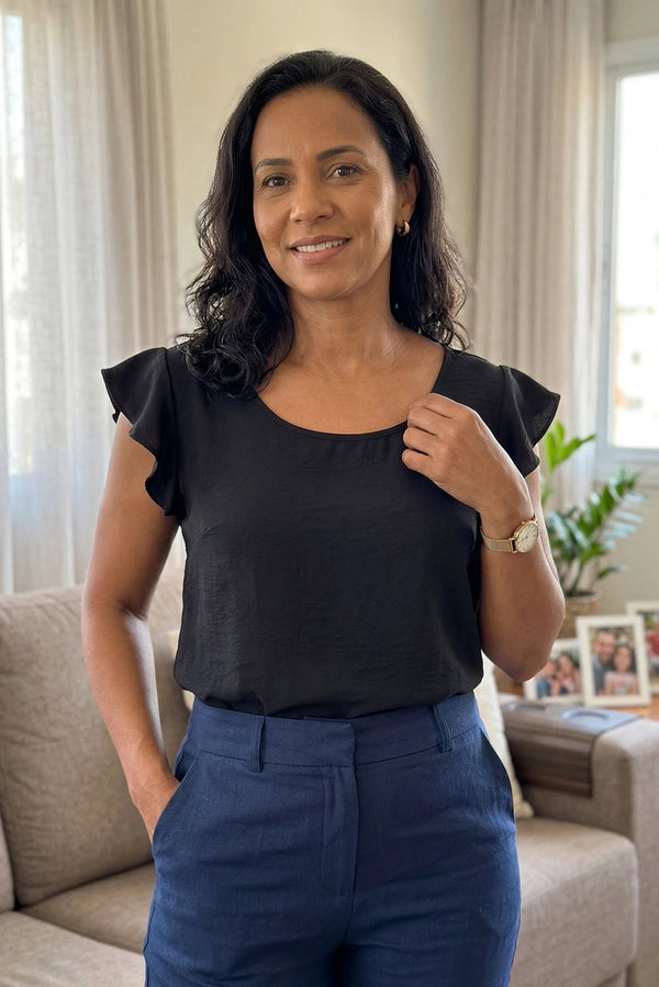 Blusa Detalhe Babados Manga Ester Preta