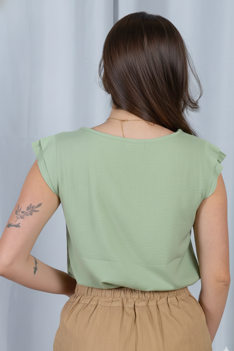 Blusa Manga Curta Decote em "V" Cotton Touch Detalhe Trançado Colo Virgínia Verde