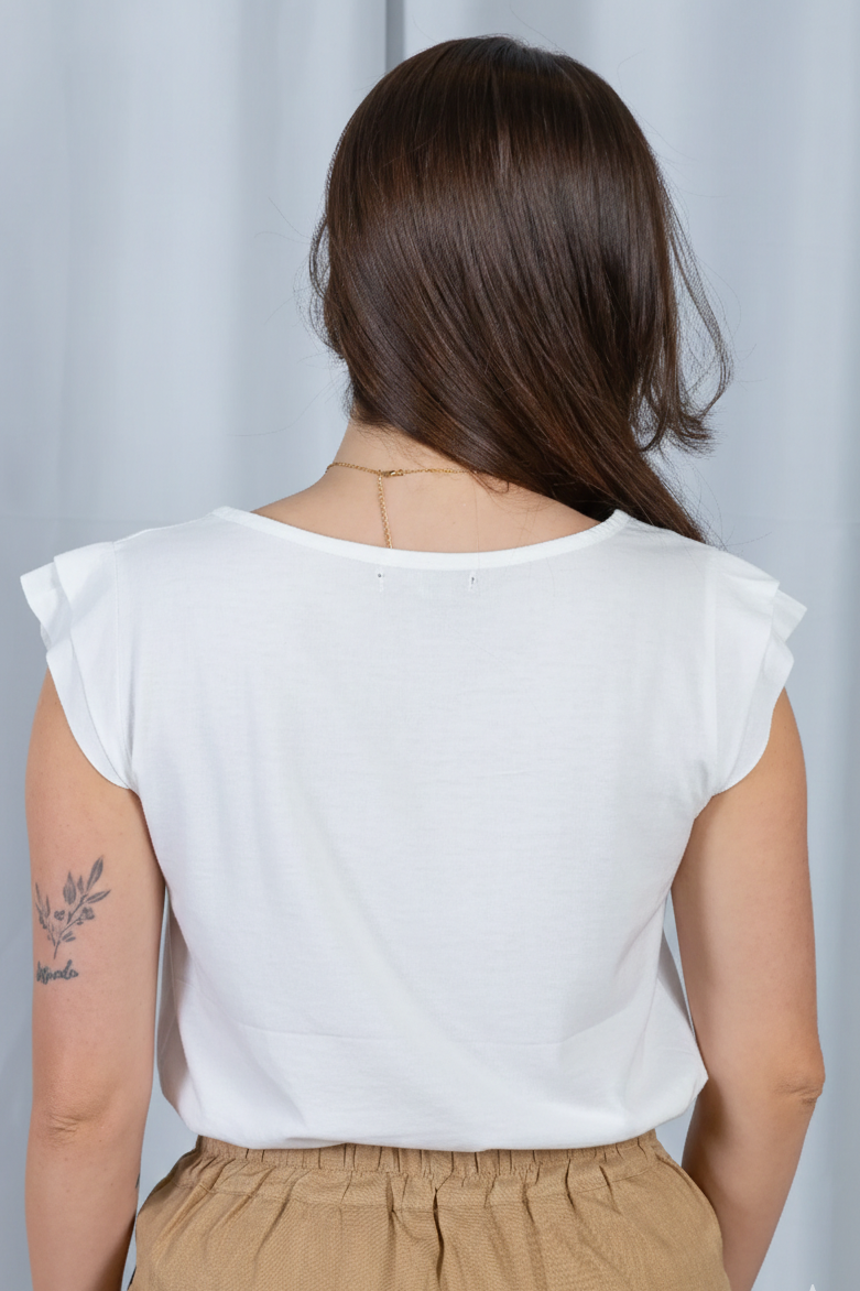 Blusa Manga Curta Decote em "V" Cotton Touch Detalhe Trançado Colo Virgínia Branca