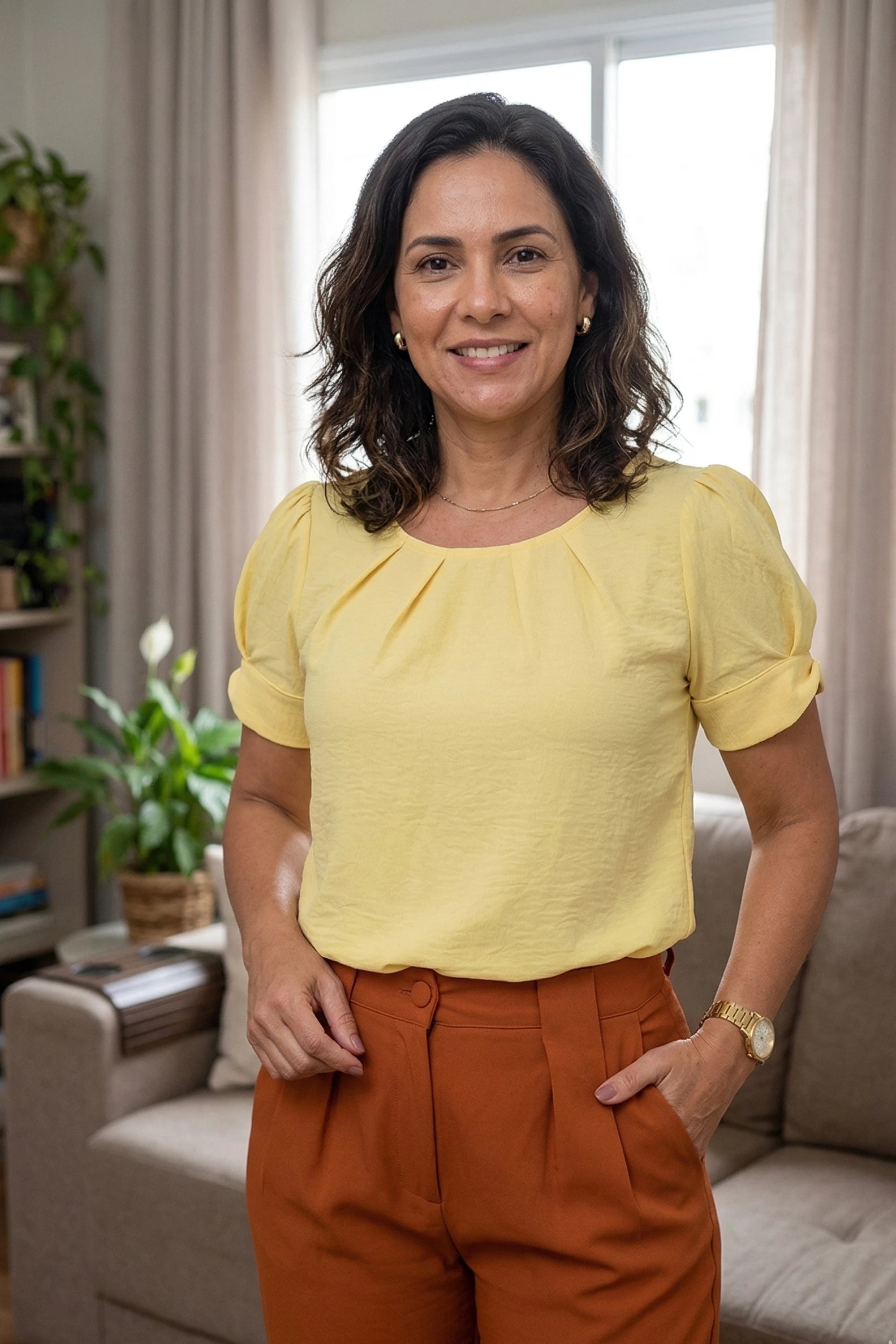 Blusa Manga Curta Pregas Colo Helô Amarela