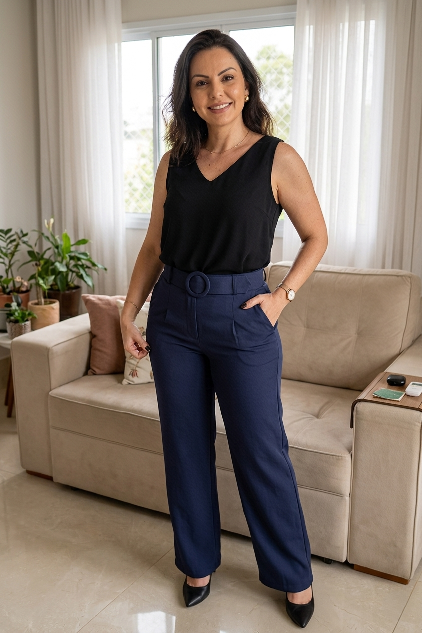 Calça Corte Reto Detalhe Cinto Priscila Azul Marinho