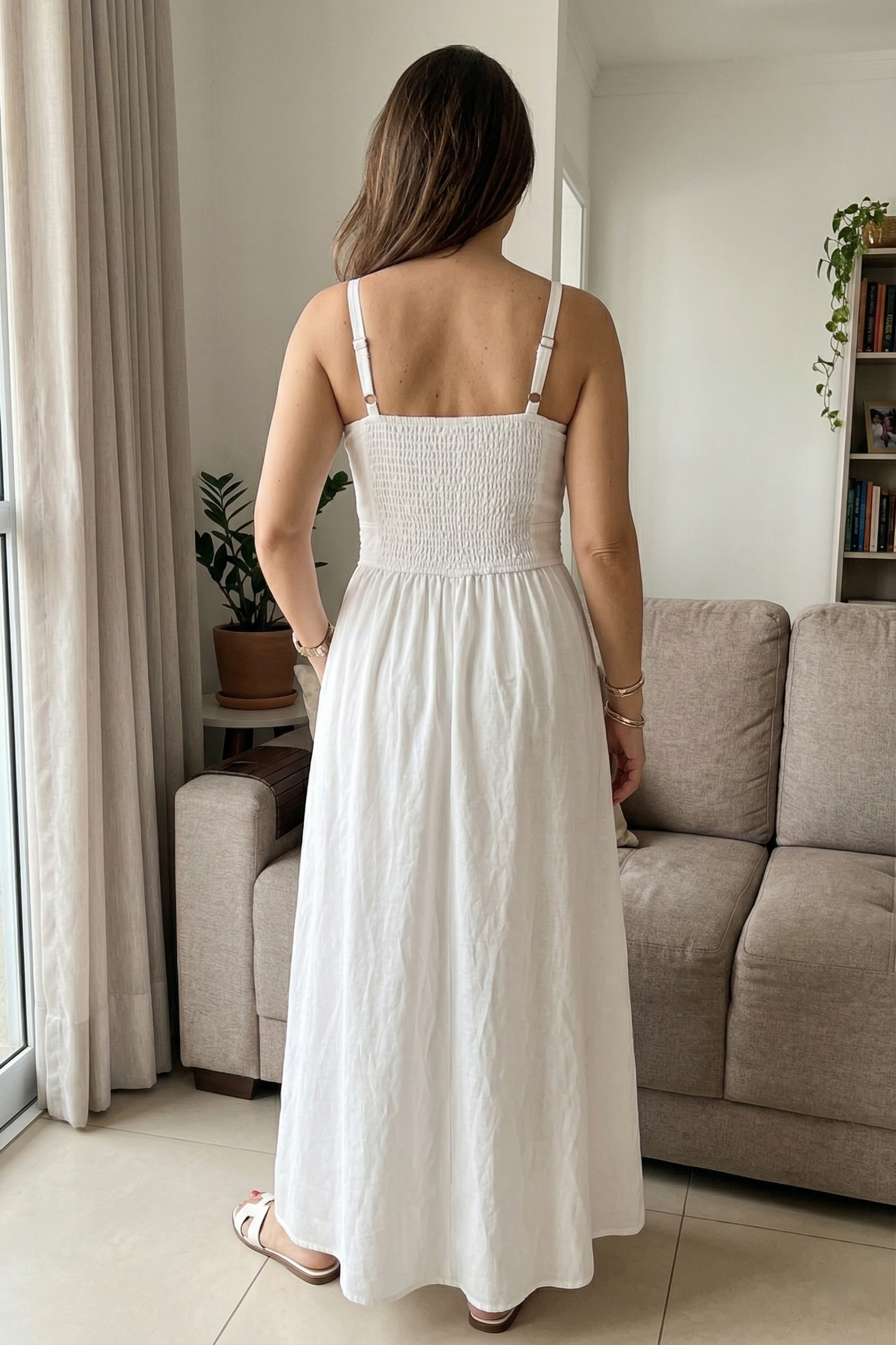 Vestido Midi Alças Detalhe Bordado Crepe Brise Lorena Branco