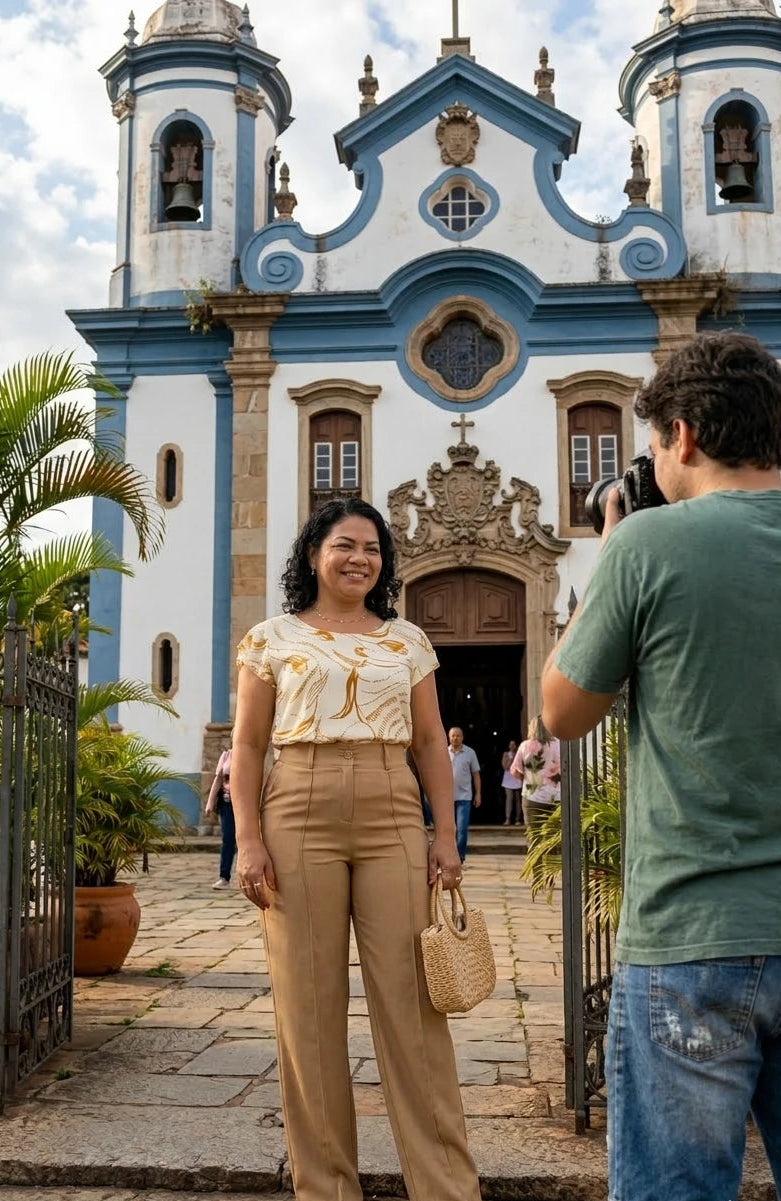 Blusa Manga Curta Transpassada Estampada em Crepe Classic Simone Bege