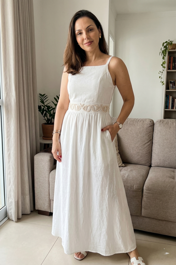 Vestido Midi Alças Detalhe Bordado Crepe Brise Lorena Branco
