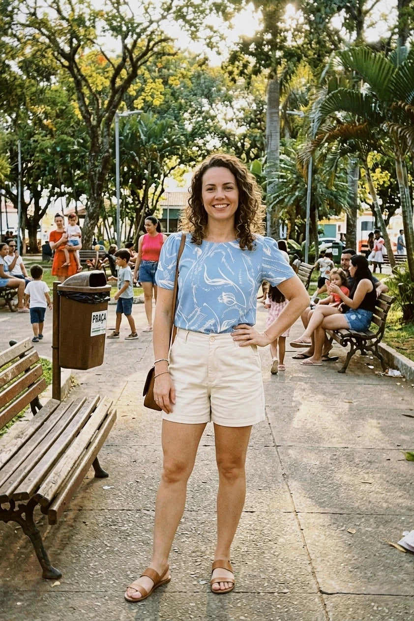 Blusa Jade Estampada Azul - Não amassa, não aperta e combina com tudo