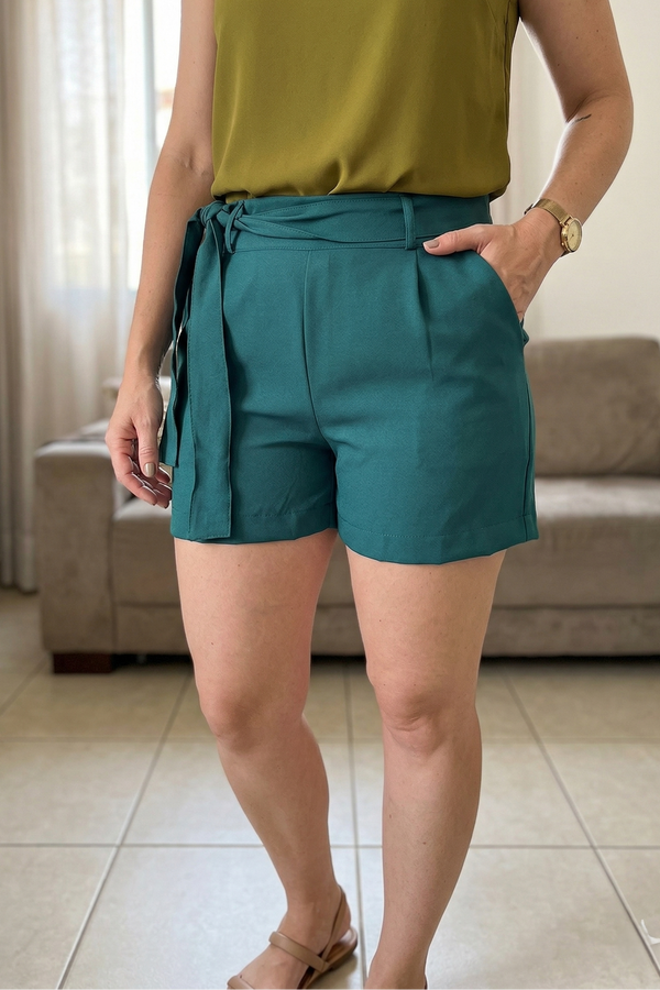 Shorts Em Alfaiataria Detalhe Laço Liz Verde Petróleo