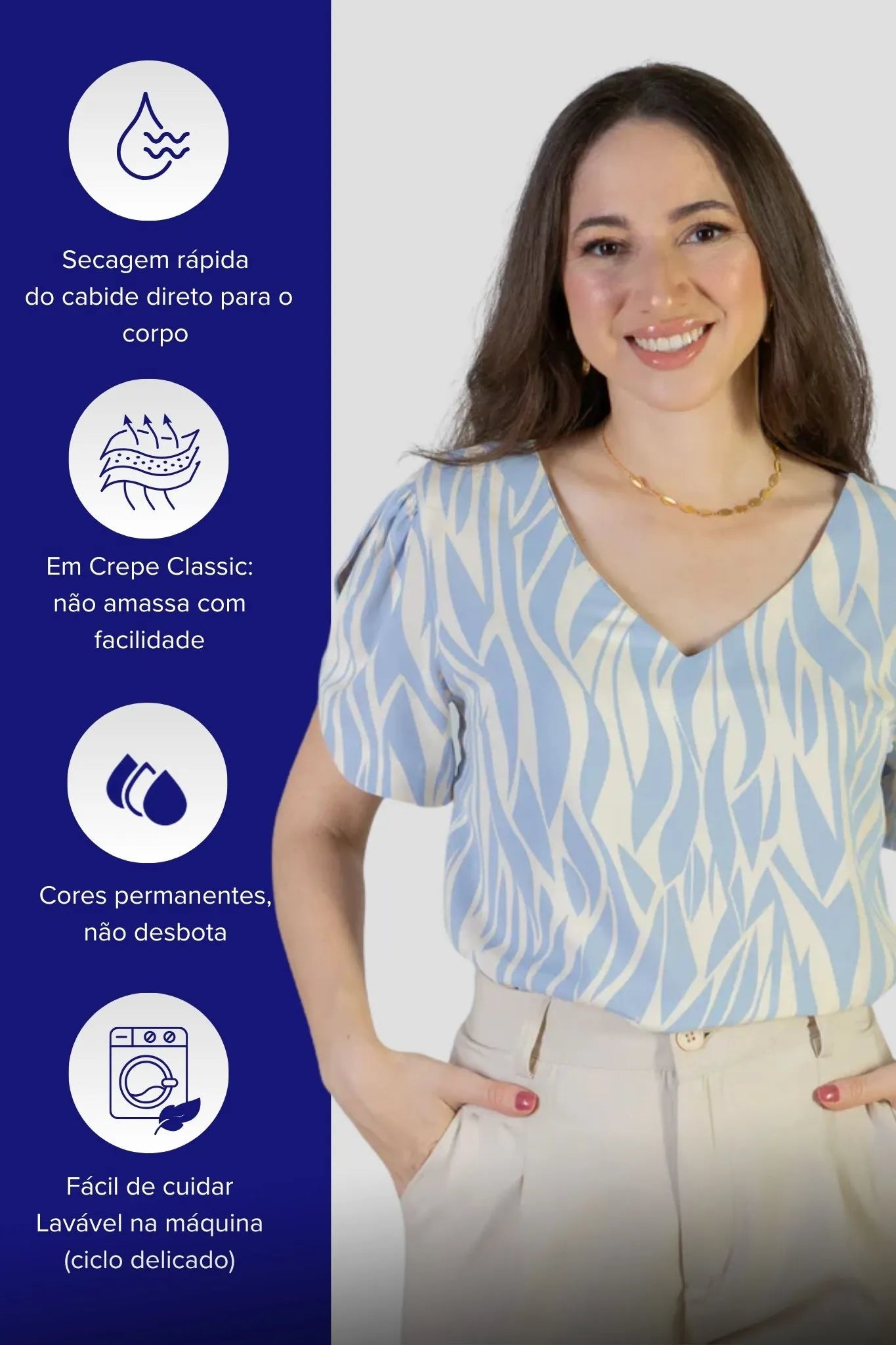 Blusa Manga Curta Detalhe Botão Decote "V" Crepe Classic Graciane Azul