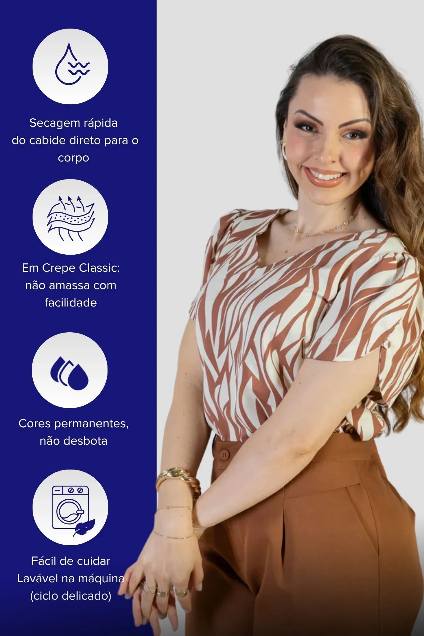 Blusa Manga Curta Detalhe Botão Decote "V" Crepe Classic Graciane Marrom