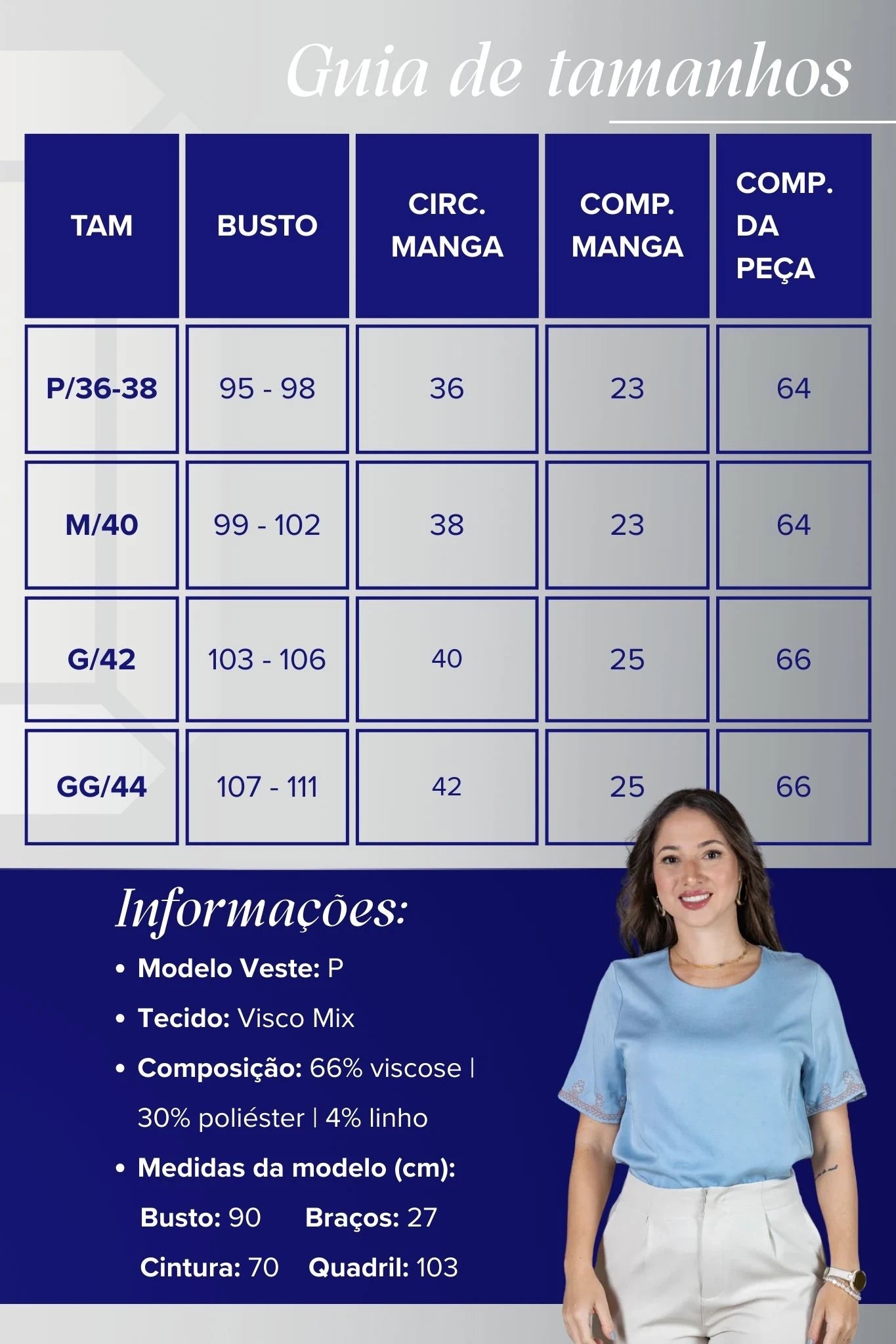 Blusa Manga Curta em Visco Mix com Detalhes Bordados Graziela Azul