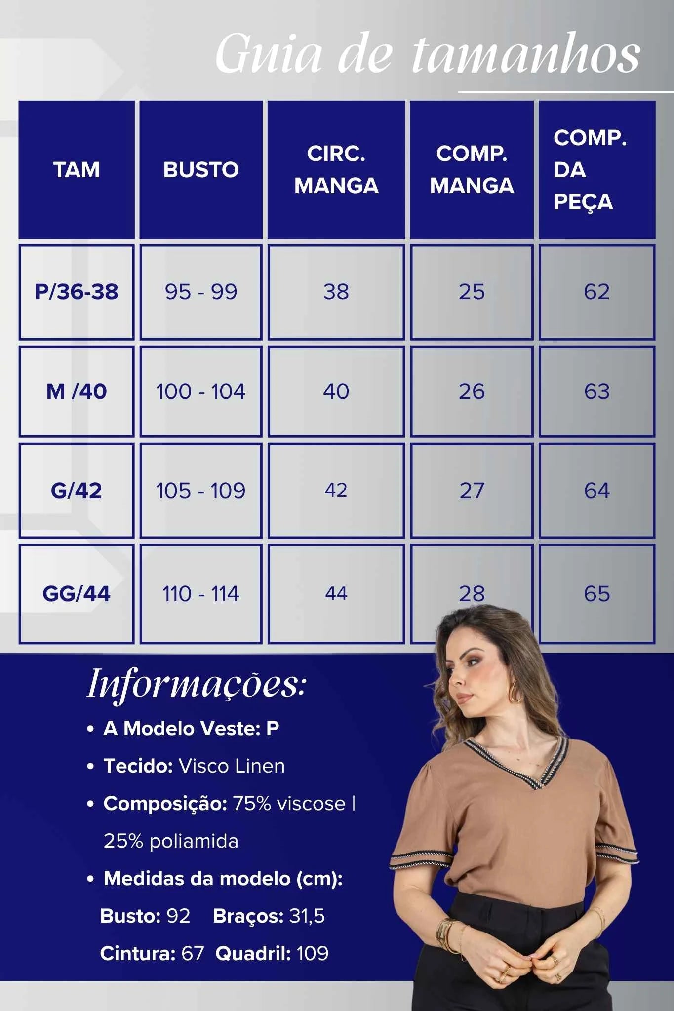 Blusa Manga Curta Decote em "V" em Visco Linen com Bordado Contrastante Helen Marrom