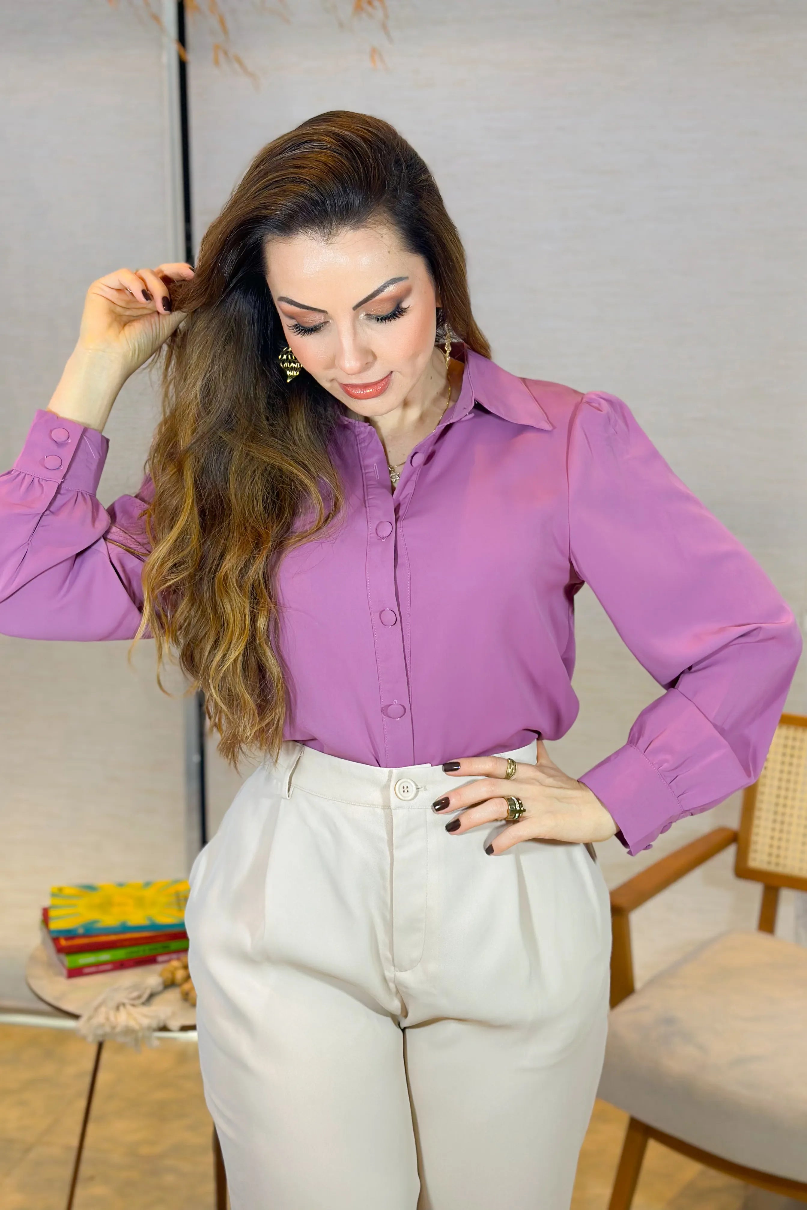 Camisa Manga Longa Lisa Gabriela Fúcsia
