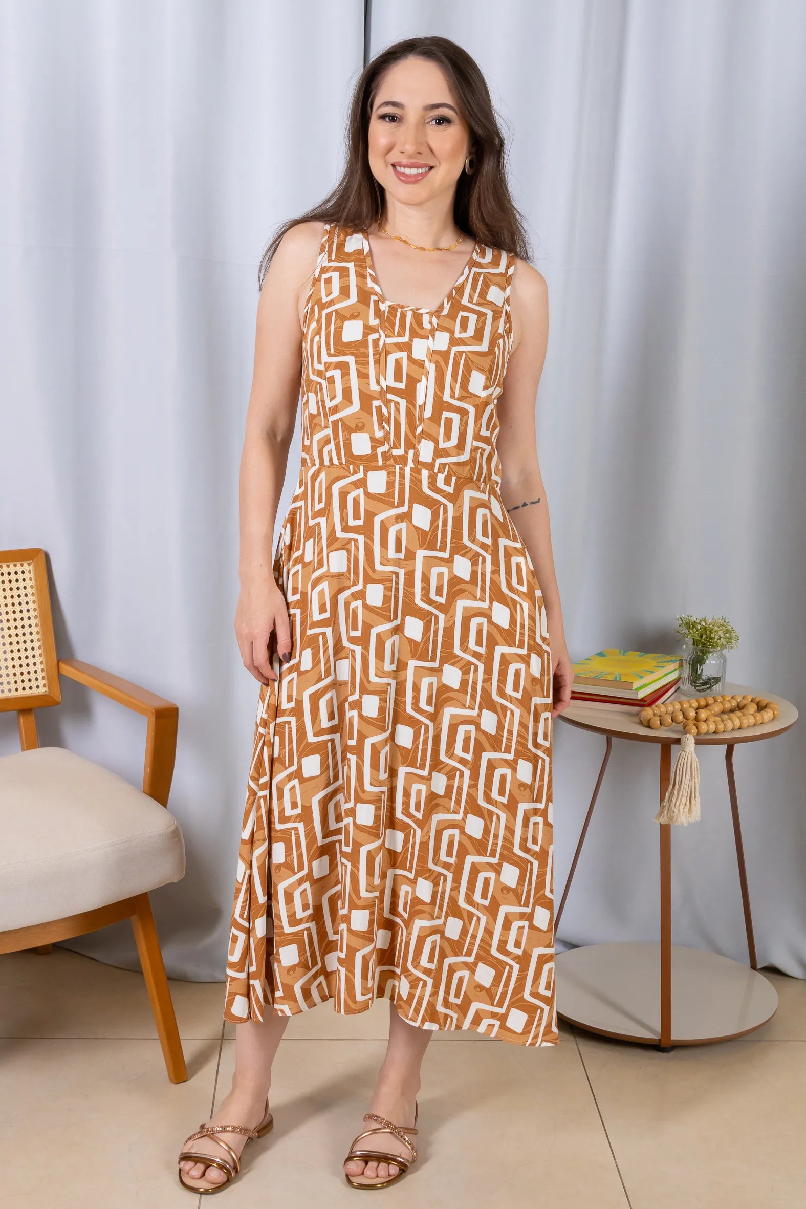 Vestido Midi Regata Viscose Ágatha Estampado Marrom