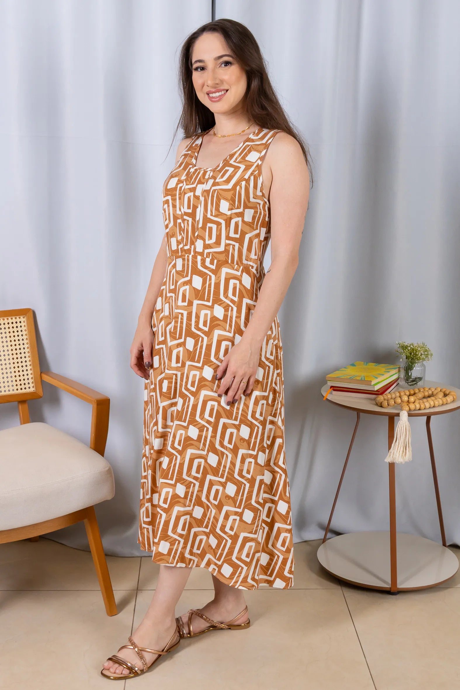 Vestido Midi Regata Viscose Ágatha Estampado Marrom