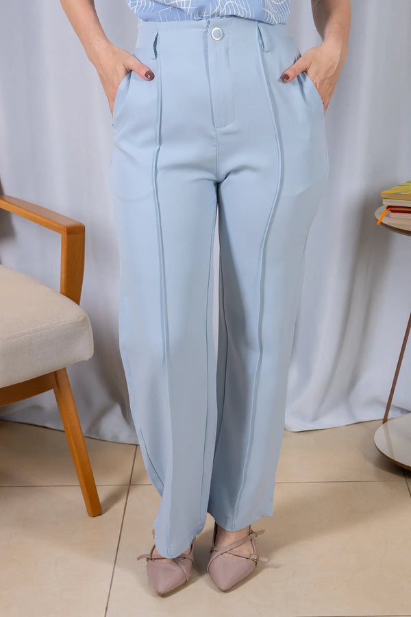Calça Pantalona Alfaiataria Botão Encapado Margareth Azul